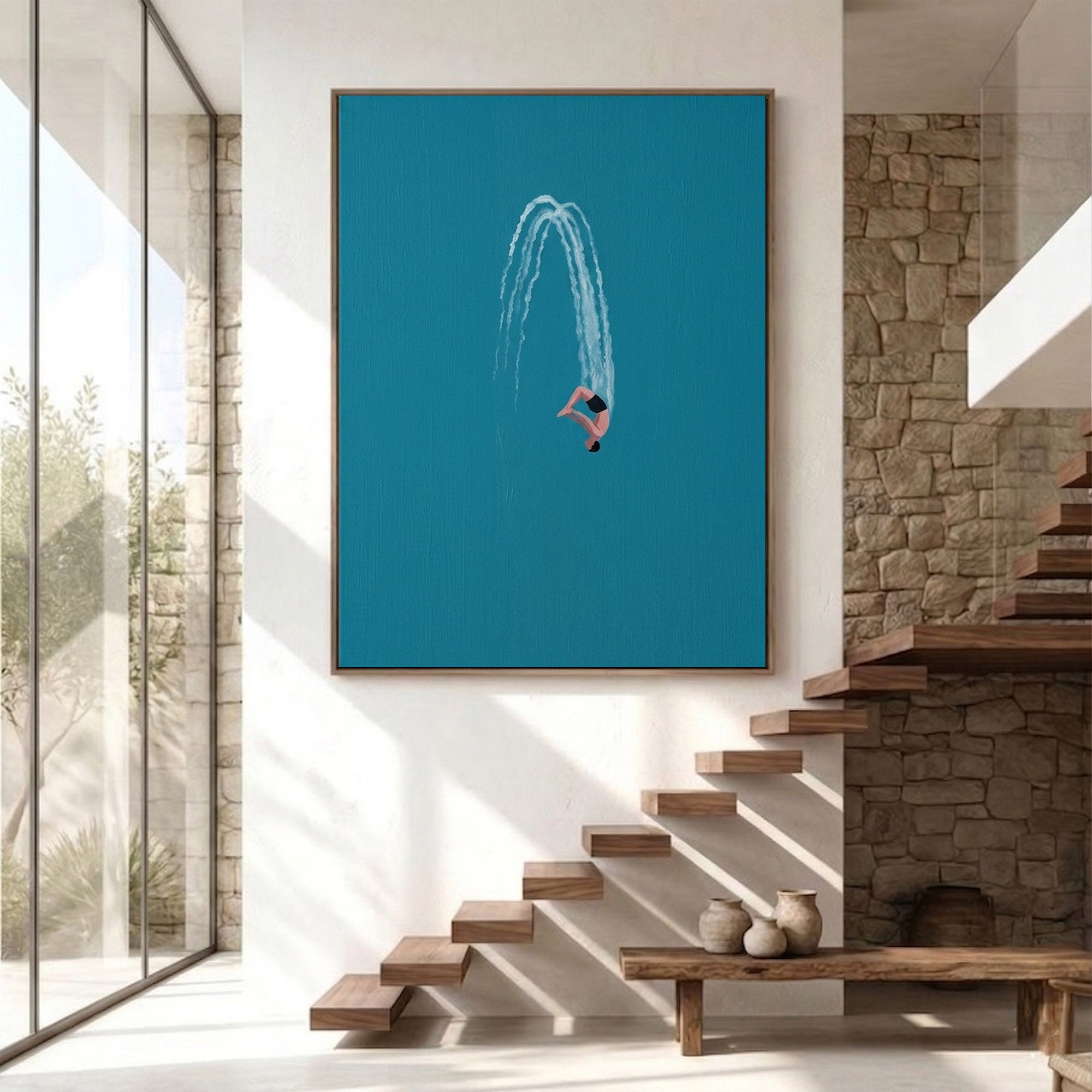 Large Minimalist Diver Wall Art Modern Swimming Oil Painting Coastal Decor