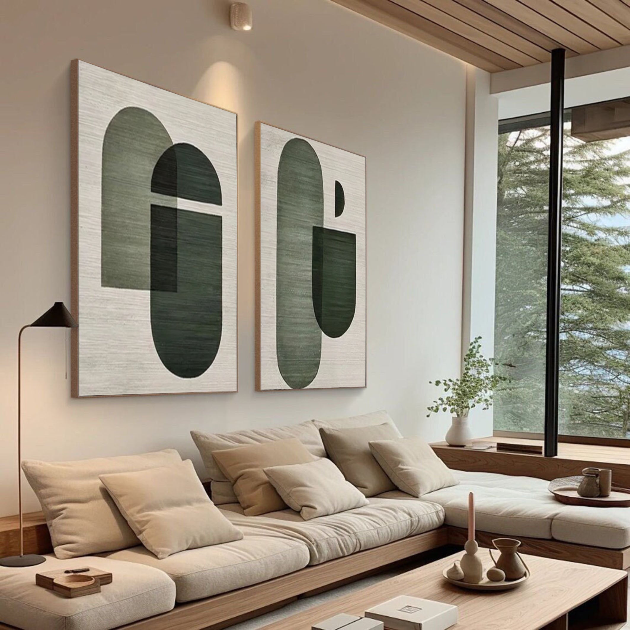 Geometric Minimalist Canvas Set Neutral and Green Art #MMS066