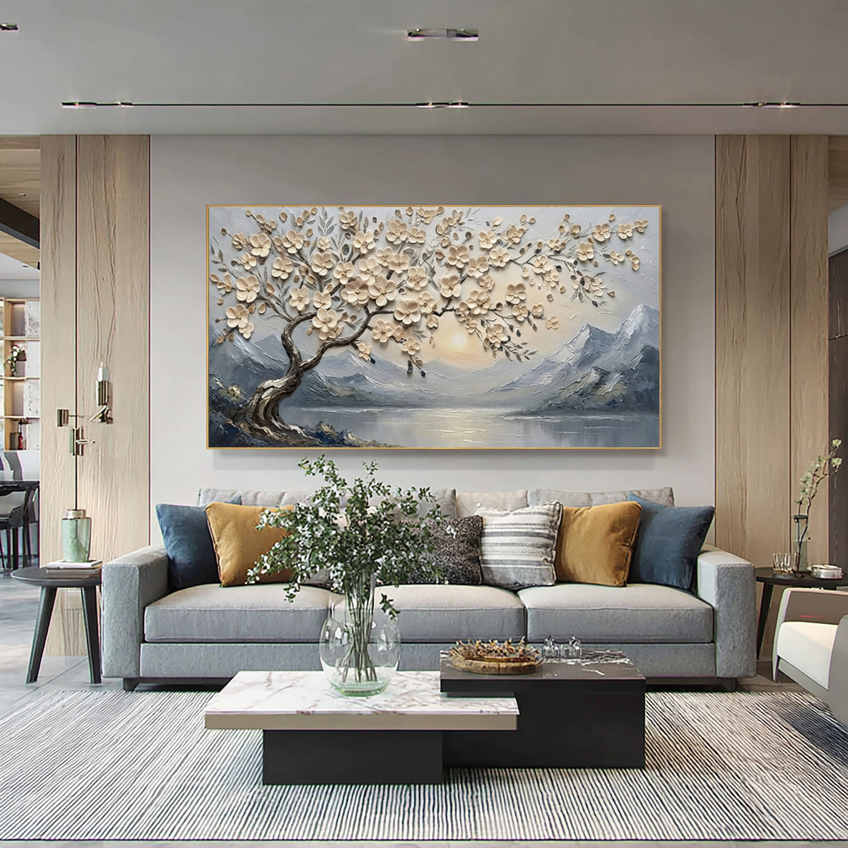 Large Textured Blossom Tree Painting Mountain Lake Living Room Wall Art
