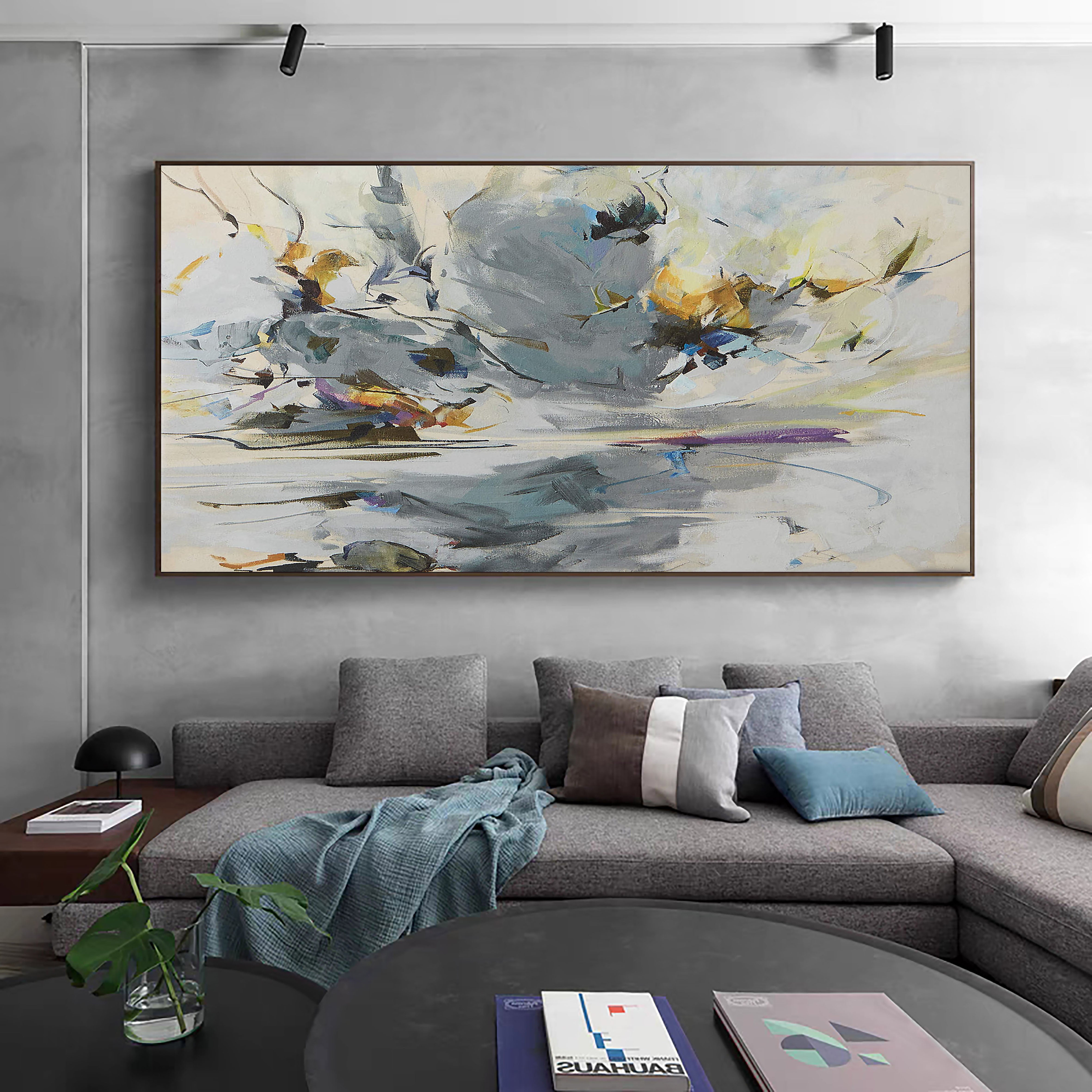 Horizontal Abstract with Gray Swirls , Contemporary Wall Art #MM363