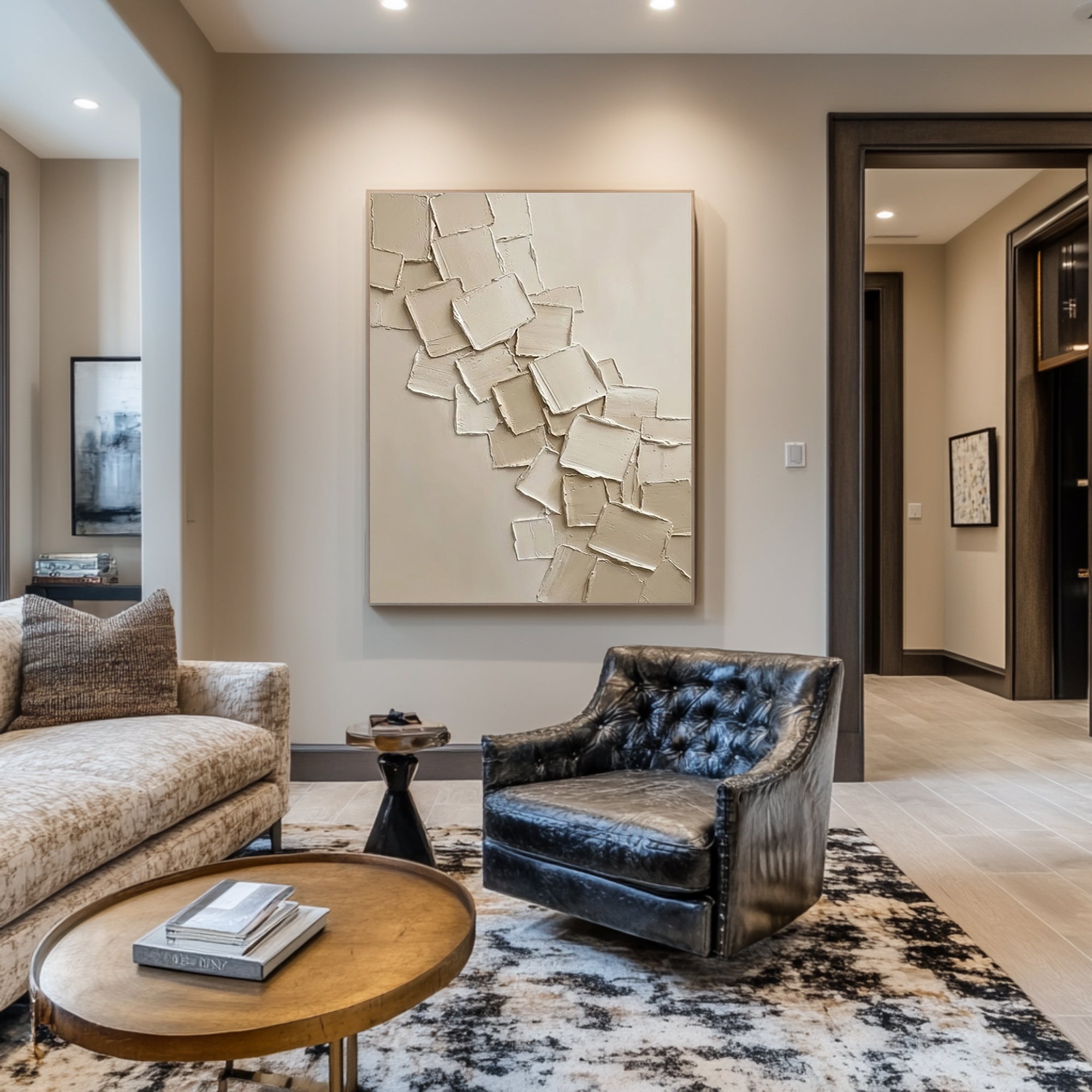 Large Minimalist Neutral Oil Artwork – Hand Painted Beige Texture Wall Decor