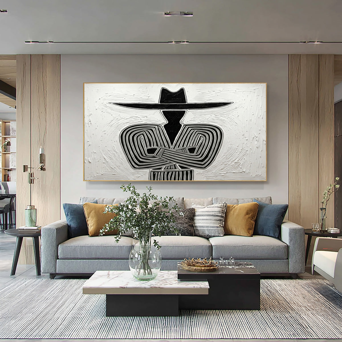 Large Oil Painting Textured Cowboy Minimalist Abstract Black White Western Art