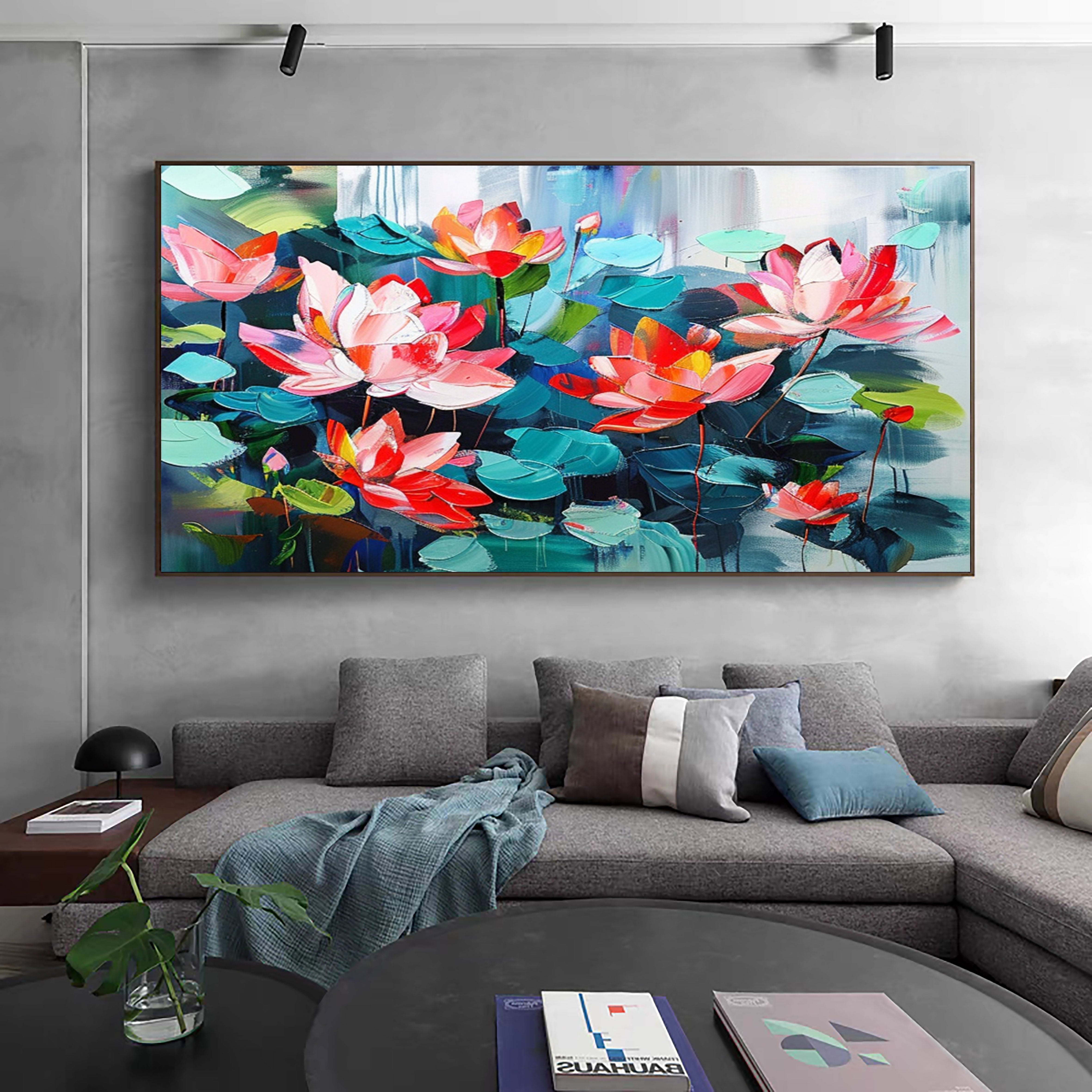 Large Lotus Flower Wall Art Vibrant Canvas Painting  #FB011