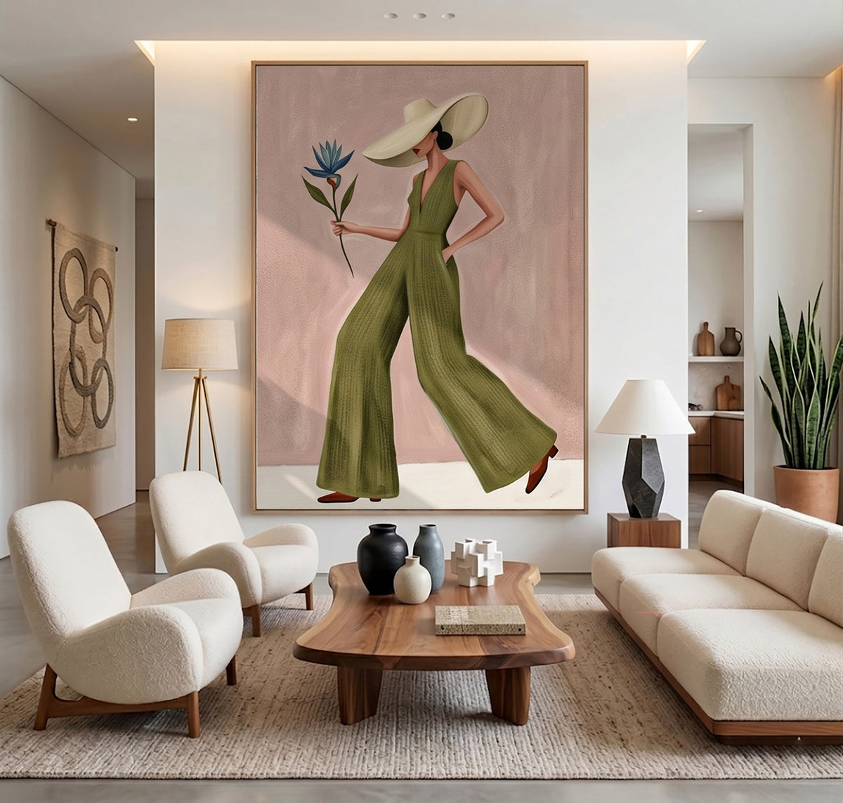 Modern Fashion Woman Painting Green Jumpsuit Wall Art