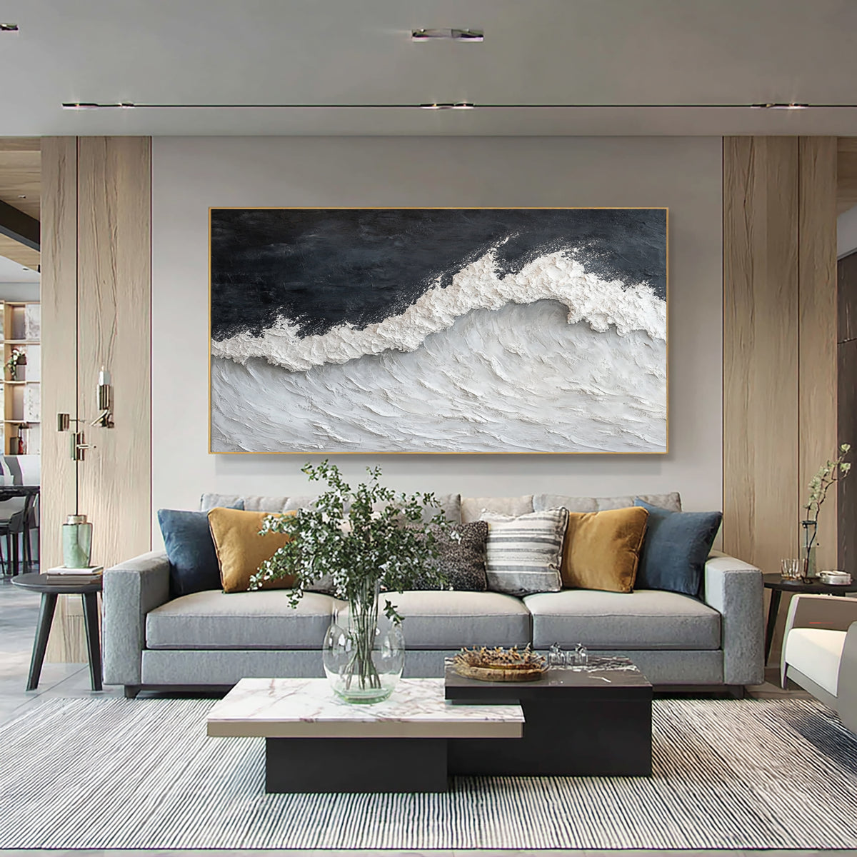 Stormy Sea Waves Textured Coastal Artwork Handmade Ocean Painting Gray White Contemporary Wall Decor