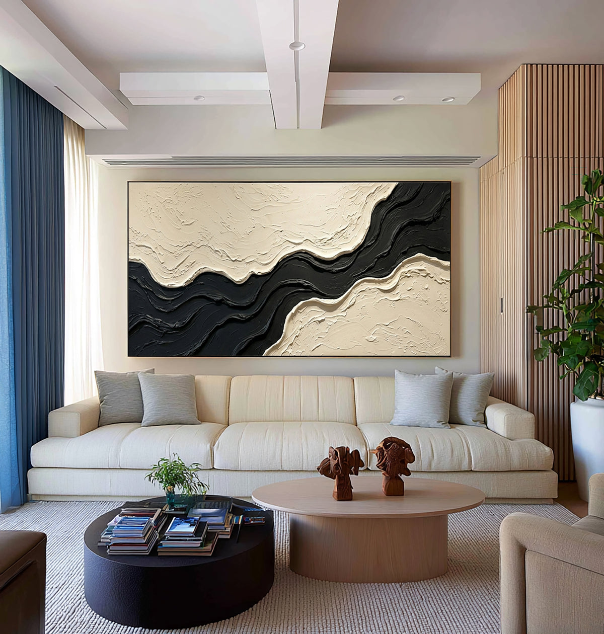Large Architectural Textured Abstract Wall Art Black Ivory Oil Painting Contemporary Luxury Interior Design Artwork