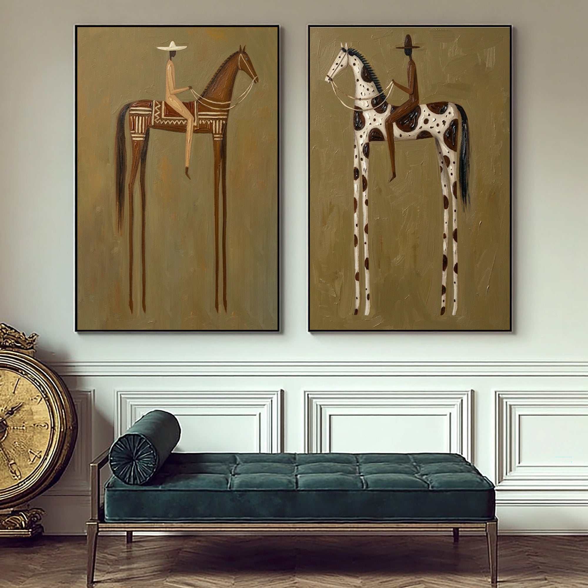 Large Cowboy Horse Wall Art Modern Western Heritage Diptych Canvas