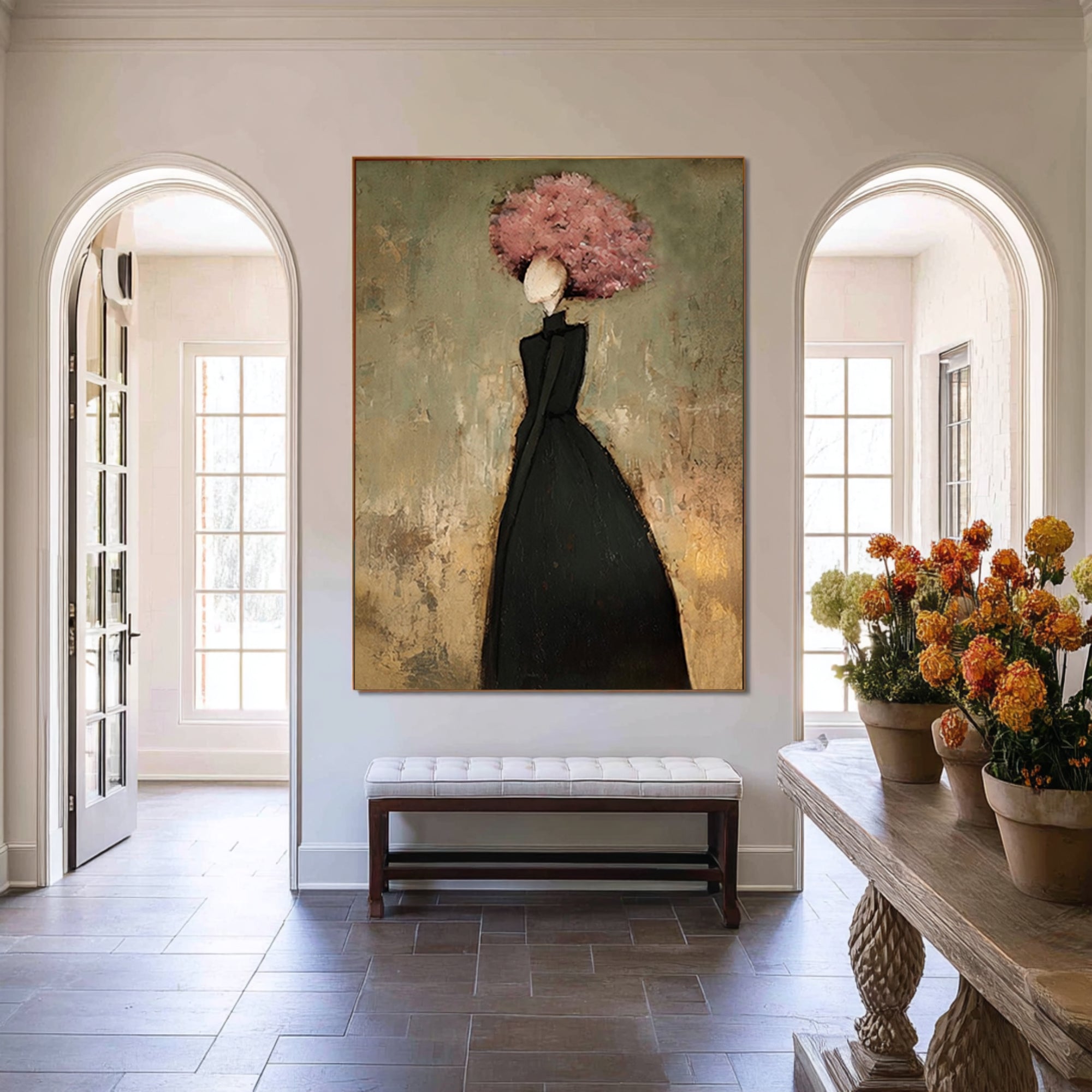 Large Woman Silhouette Wall Art Floral Oil Painting Modern Abstract Black Dress Contemporary Interior Decor