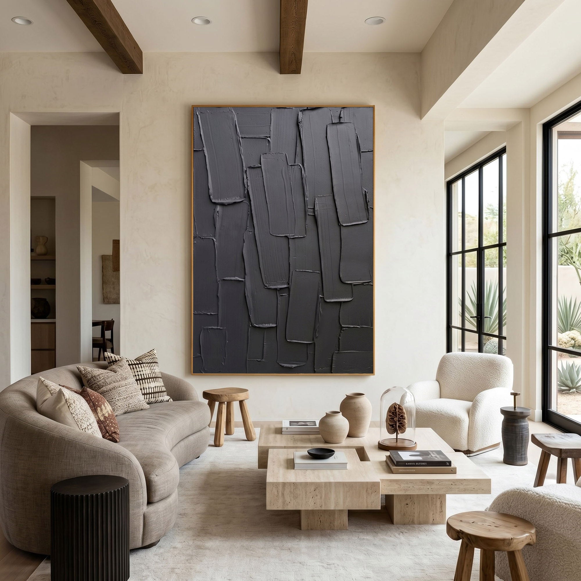 Black Gray Abstract Wall Art Textured Relief Painting Handmade Impasto Modern Minimalist Home Decor