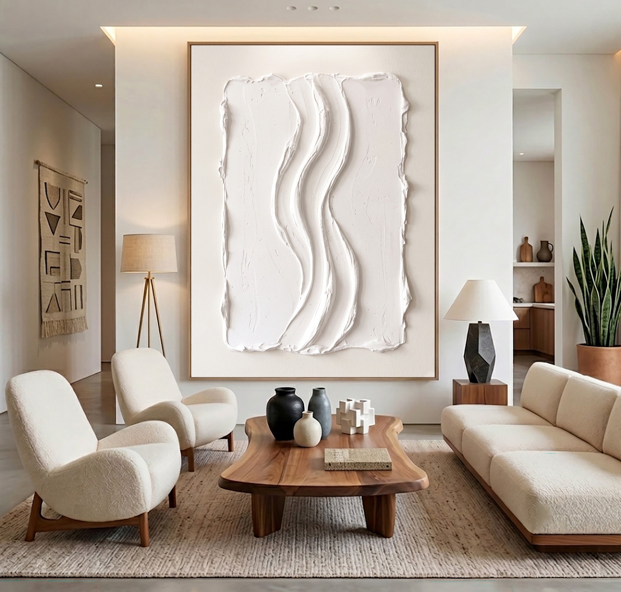 Large Modern Architectural Relief Wall Art White Abstract Textured Painting Luxury Home Interior Decor