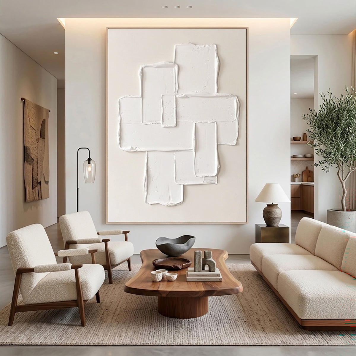 Large Neutral Abstract Spatial Forms Wall Art Ivory Cream Oil Painting Modern Sculptural Texture Raised Geometric Composition Minimalist Contemporary Luxury Interior Decor