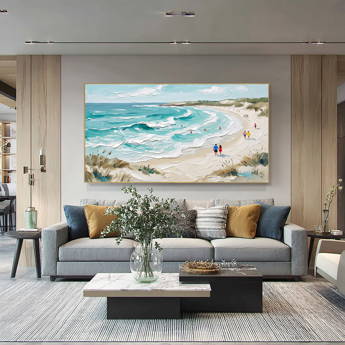 Textured Seaside Landscape Painting Sandy Beach Blue Ocean Waves