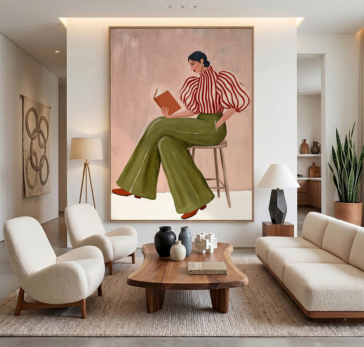 Modern Woman Reading Book Striped Blouse Figurative Painting Wall Art