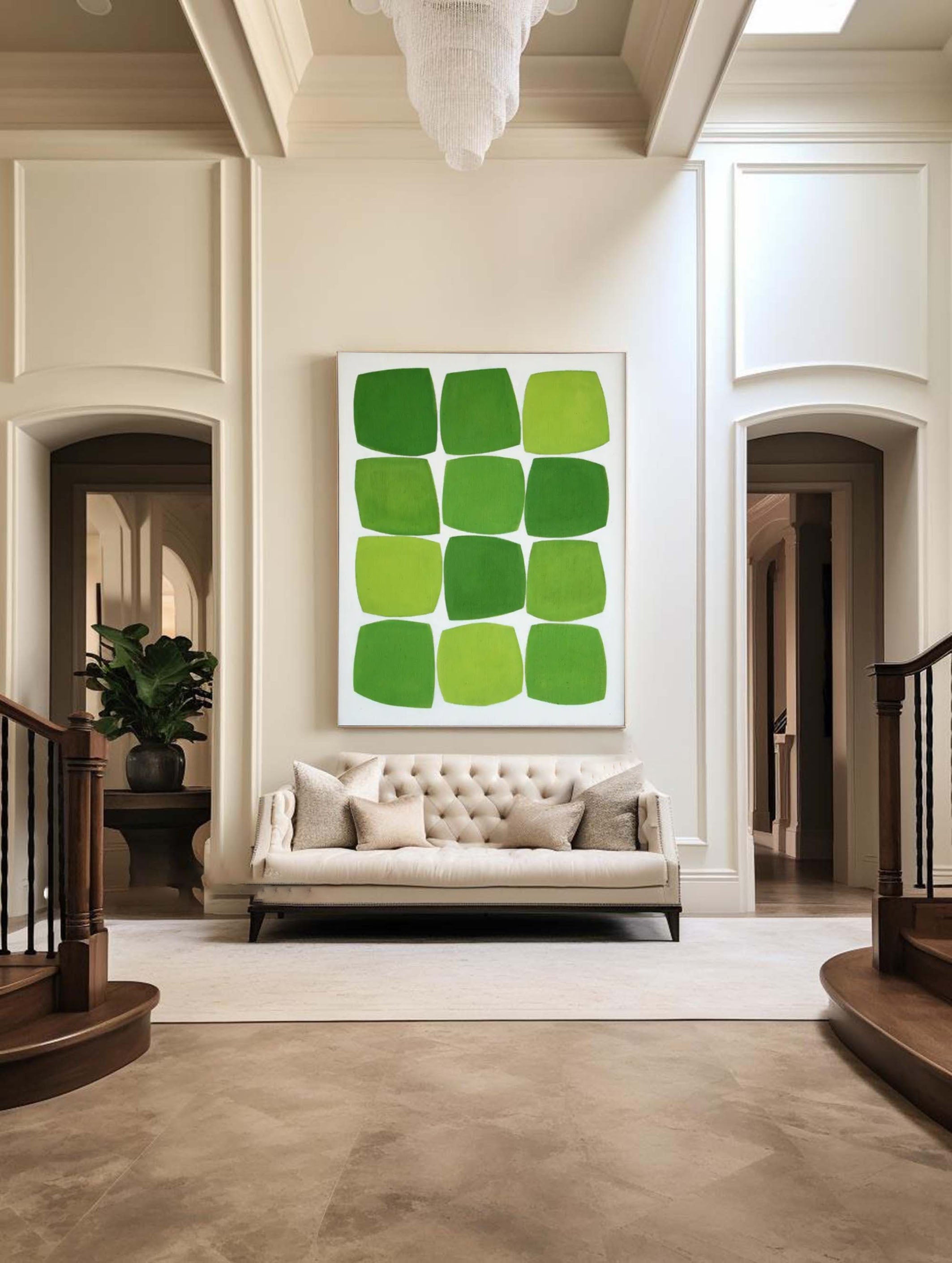 Contemporary Green Squares Abstract Painting Minimalist Design #AB019