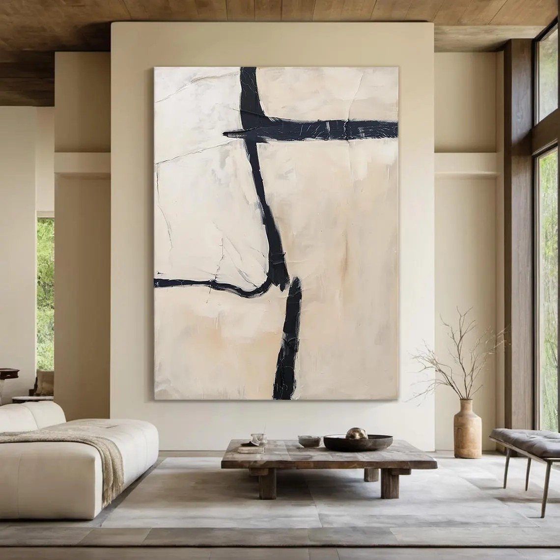 Large Minimalist Beige & Black Abstract Modern Wall Decor#MM207