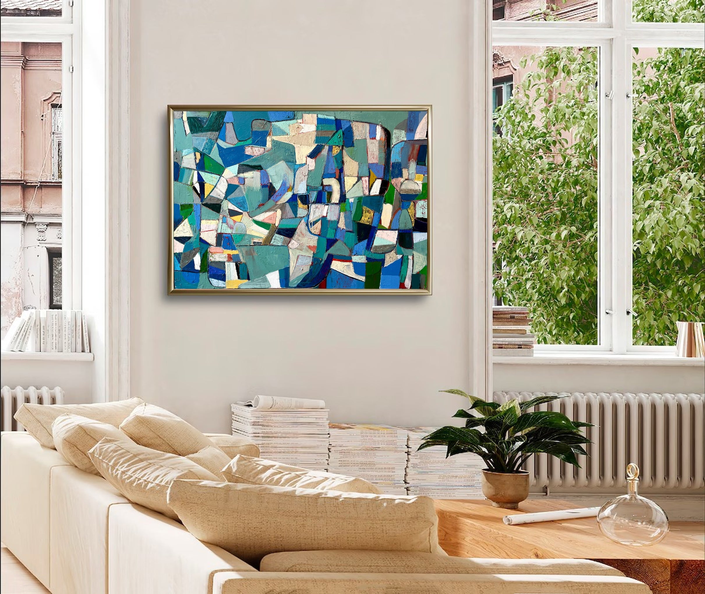 Vibrant Mid Century Wall Art Abstract Shapes in Cool Hues #MC002