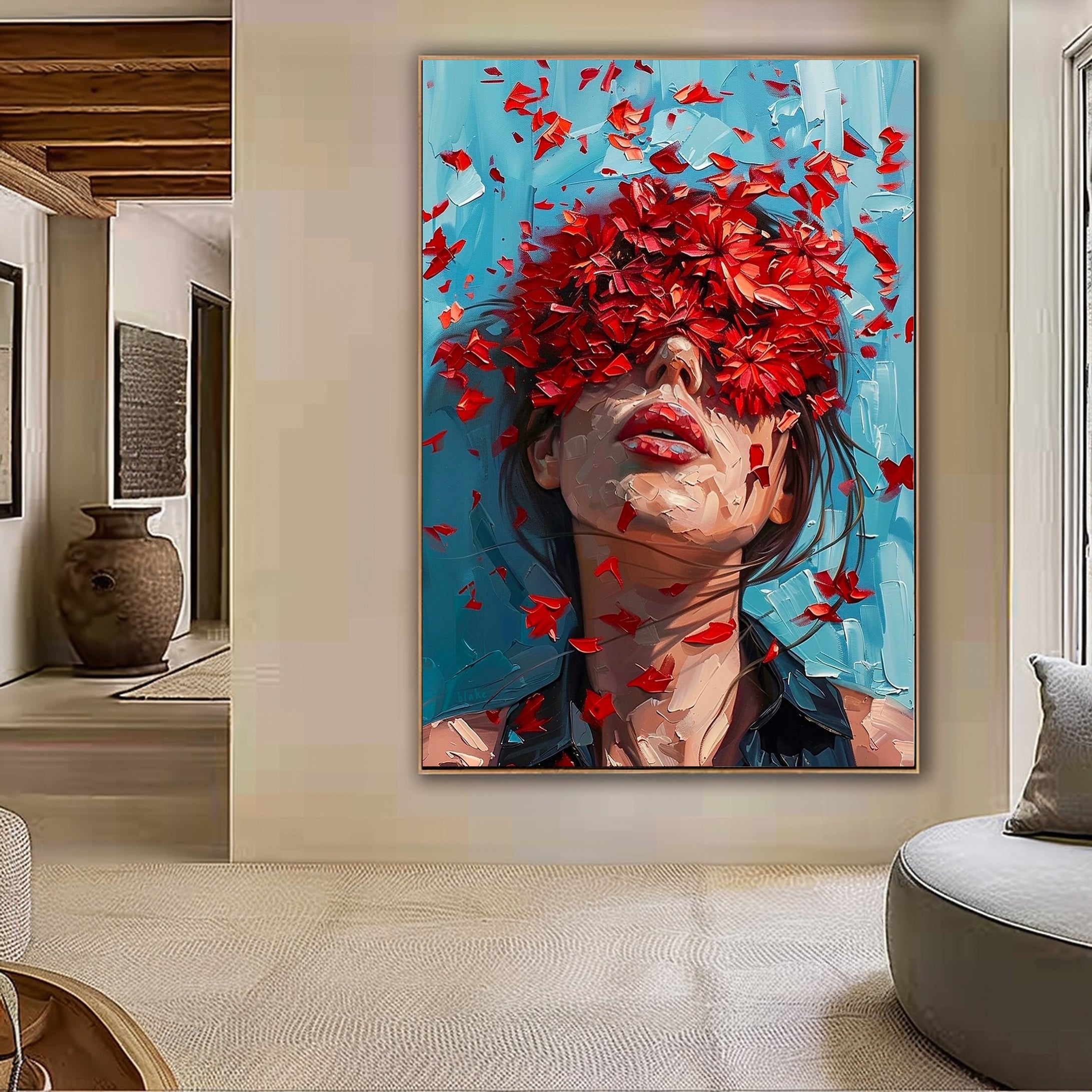 Red Blossoms Art Modern Abstract Female Portrait #HF009