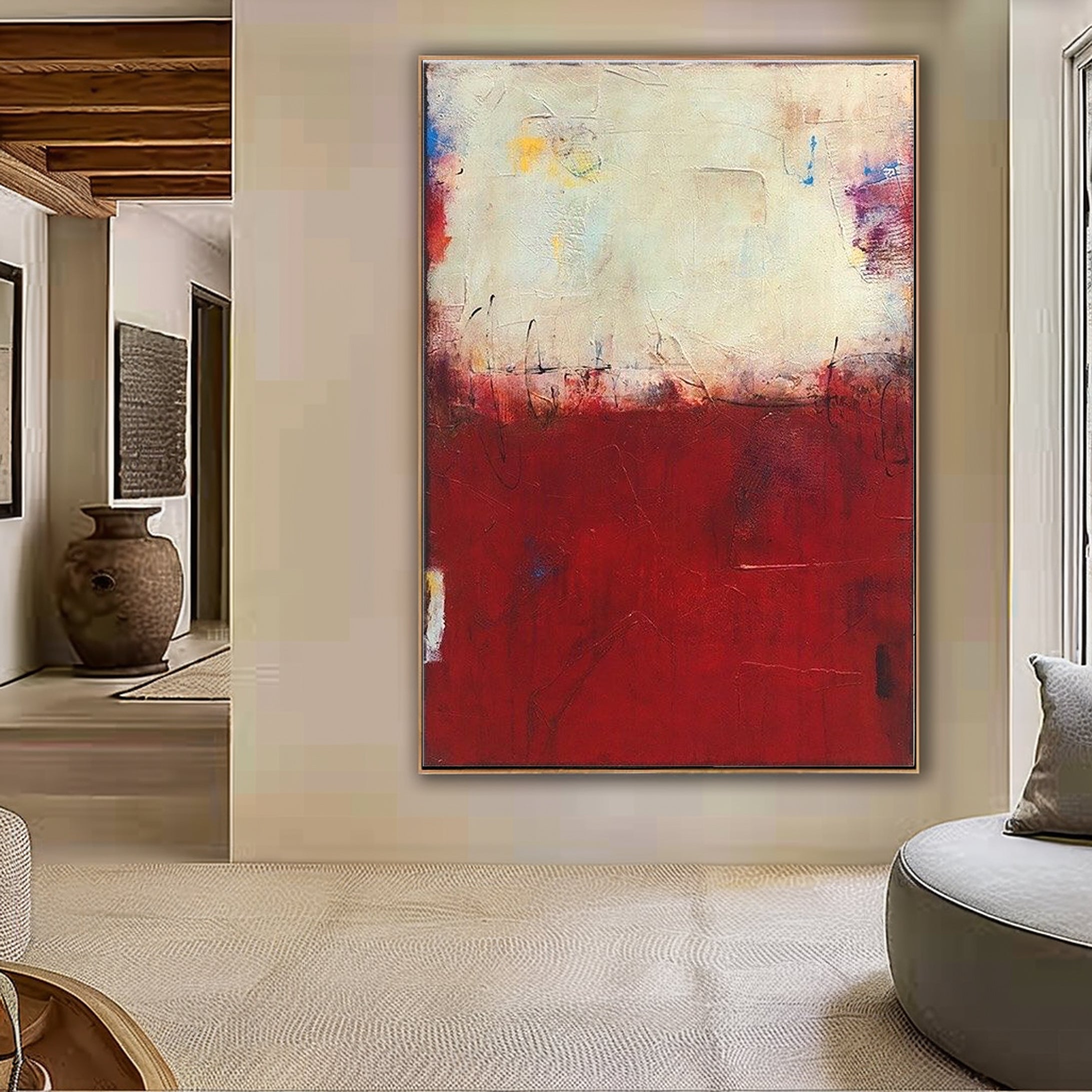 Large Red and Cream Canvas Abstract Wall Art #MM033