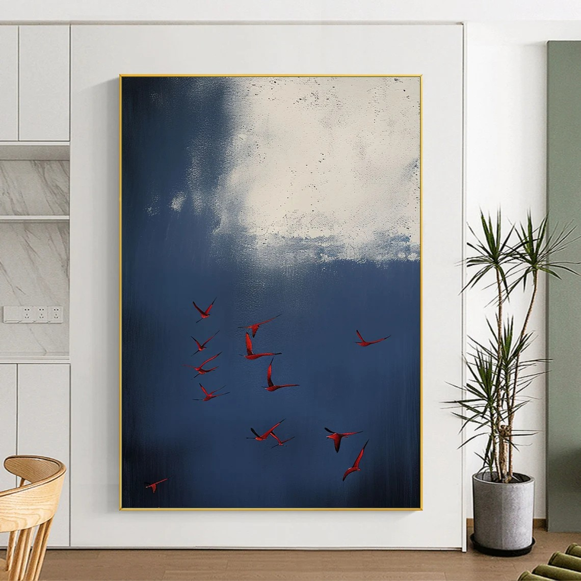 Dramatic Dark Blue Sky & Red Birds Modern Surreal Abstract Art