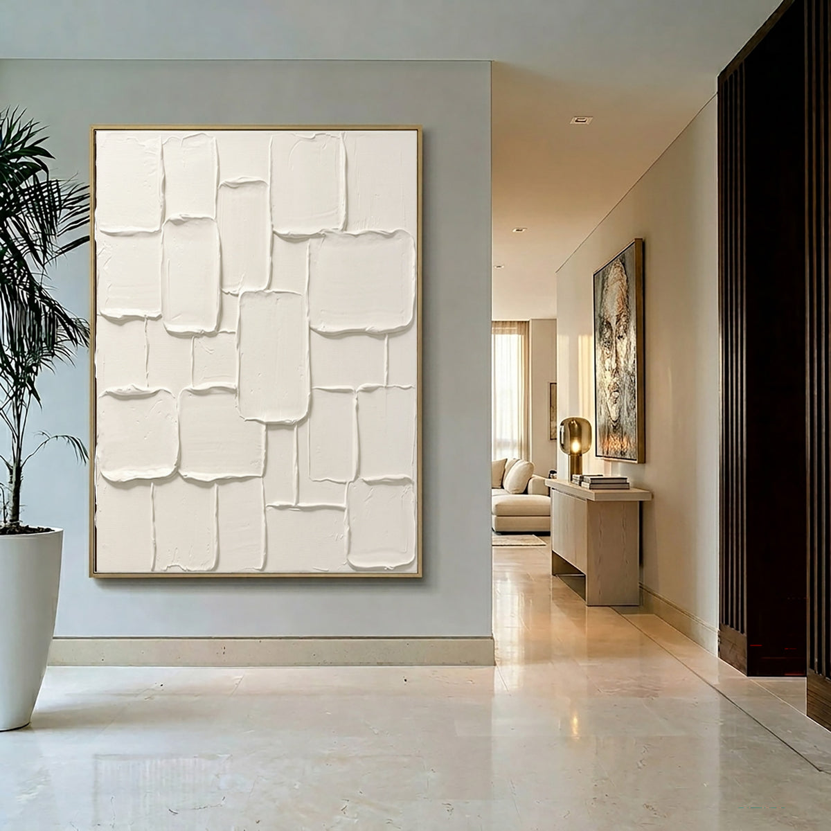Large Ivory Modern Plaster Collage Wall Art Neutral Abstract Oil Painting Raised Rounded Rectangles Thick Impasto Texture Contemporary Minimalist Luxury Home Decor
