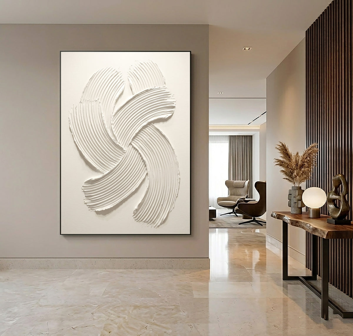 Rhythmic Curves Handmade Textured Abstract Artwork White Sculptural Relief Painting Contemporary Wall Decor