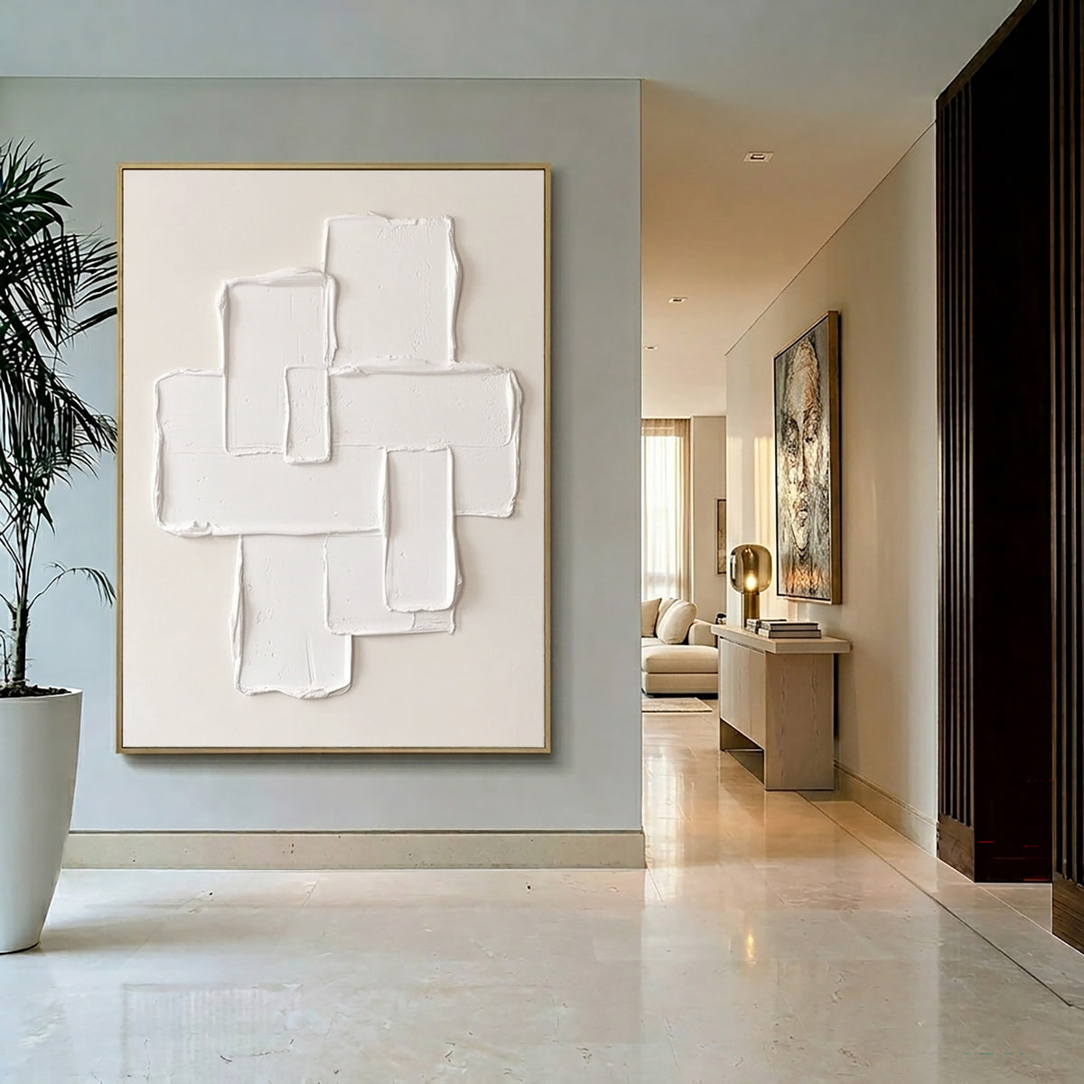 Large Neutral Abstract Spatial Forms Wall Art Ivory Cream Oil Painting Modern Sculptural Texture Raised Geometric Composition Minimalist Contemporary Luxury Interior Decor