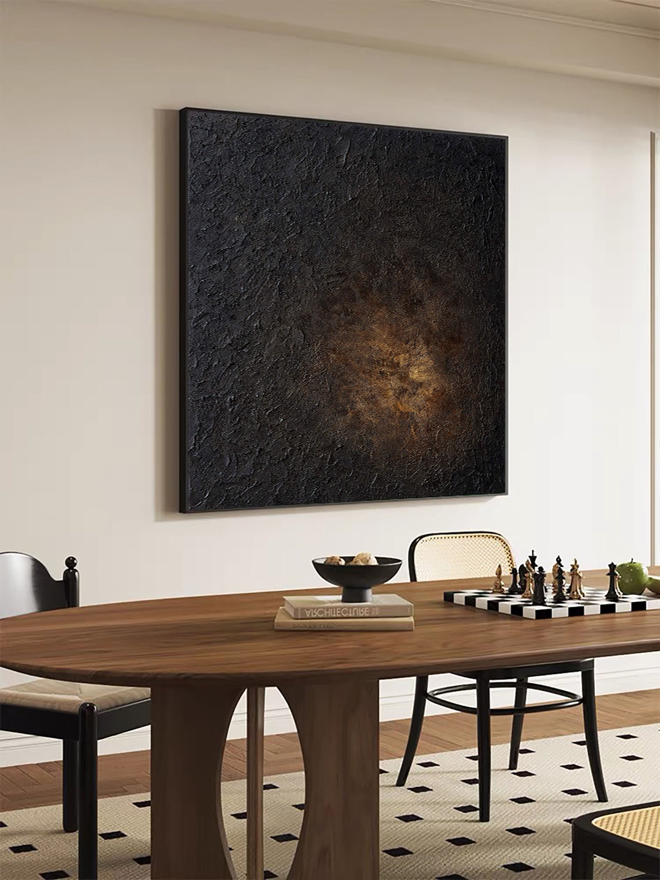 Textured Dark Abstraction with Glimmering Light, Impasto Canvas #MM393