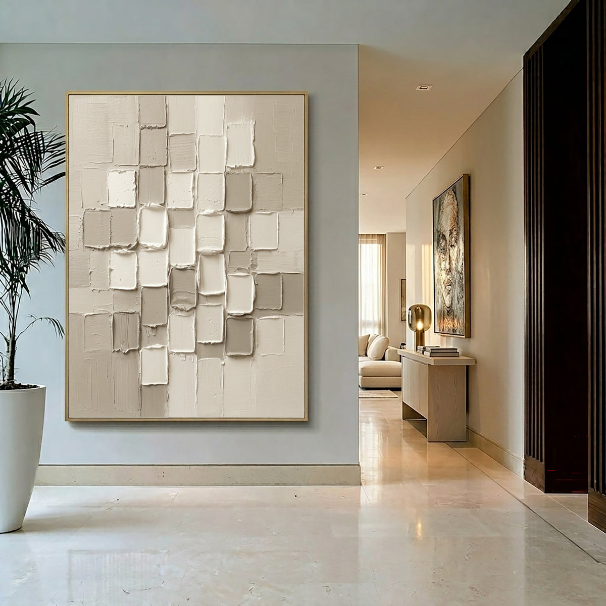 Large Elegant Neutral Textured Wall Art White Beige Abstract Oil Painting 3D Geometric Relief Modern Minimalist Luxury Home Decor