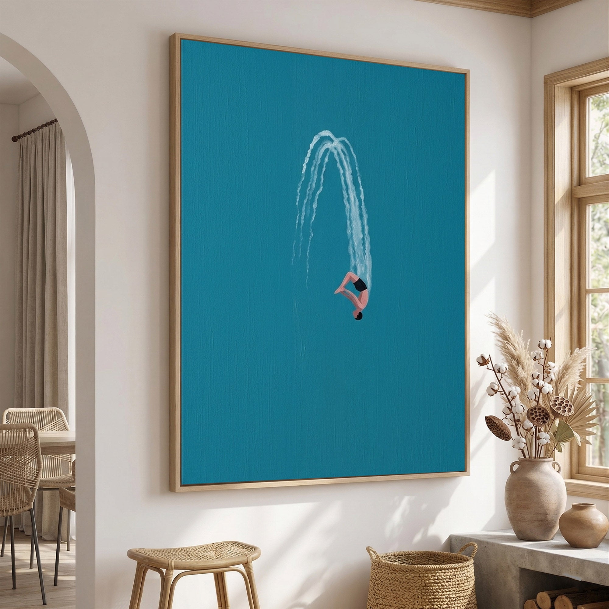 Large Minimalist Diver Wall Art Modern Swimming Oil Painting Coastal Decor