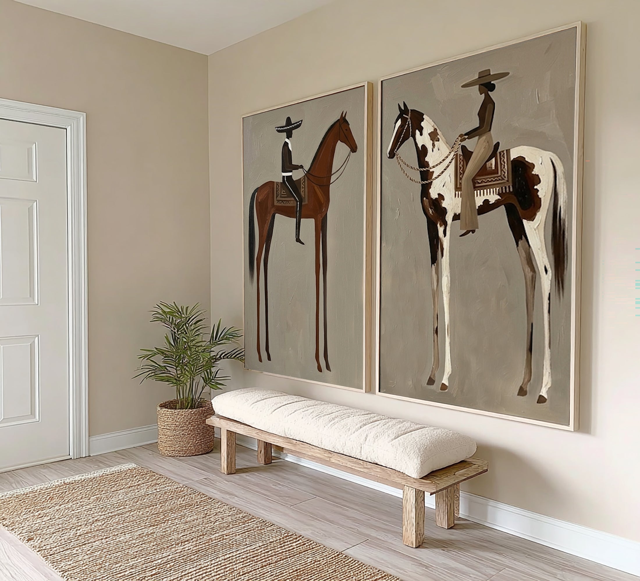 Large Minimalist Cowboy Horse Wall Art Contemporary Western Canvas Diptych