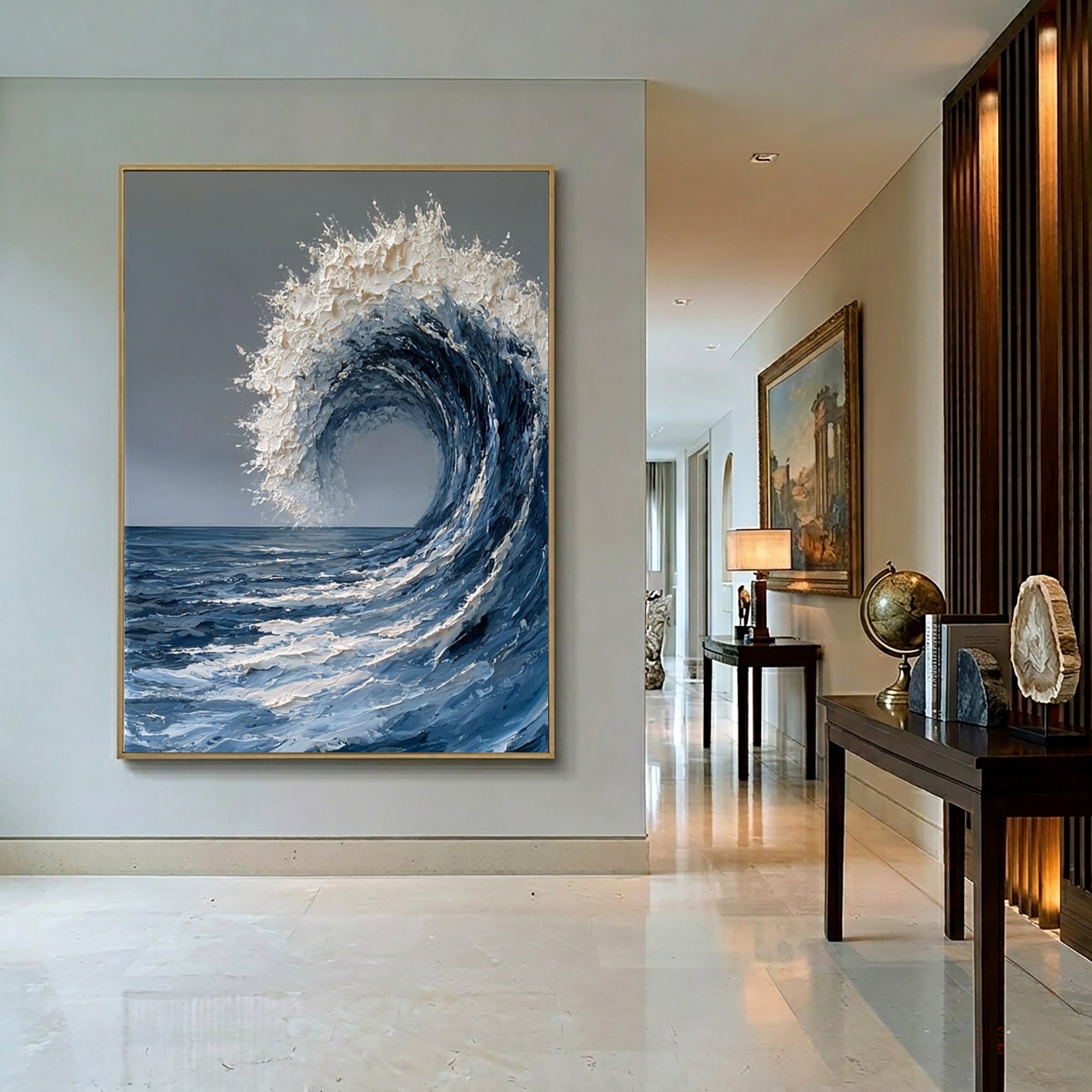 Large Hand Painted Ocean Wave Wall Art Textured Oil Painting Coastal Seascape Cowboy Cowgirl Inspired Vintage Americana Artwork Interior Decor