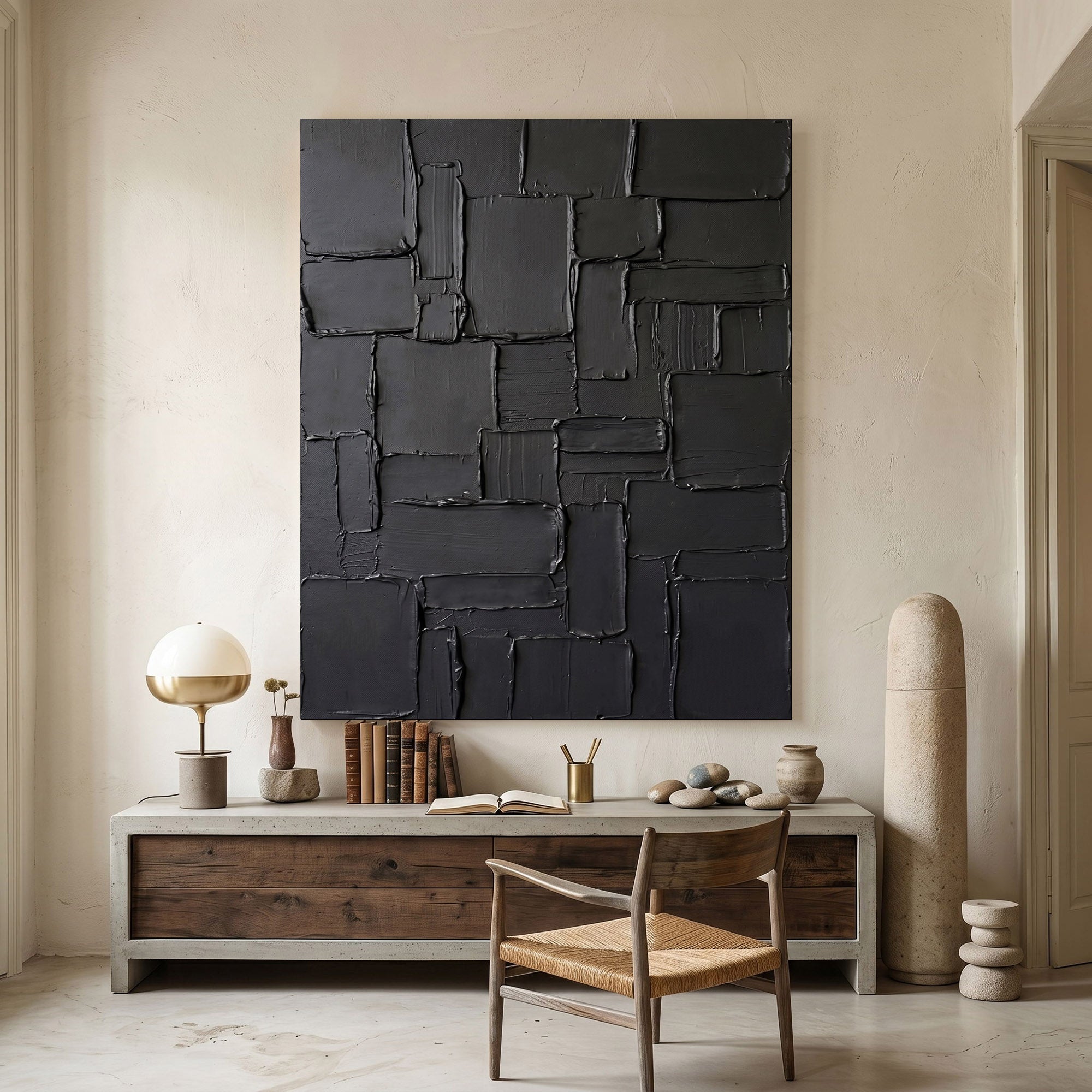 Modern Black Abstract Wall Art Textured 3D Relief Canvas Painting Architectural Minimalist Decor