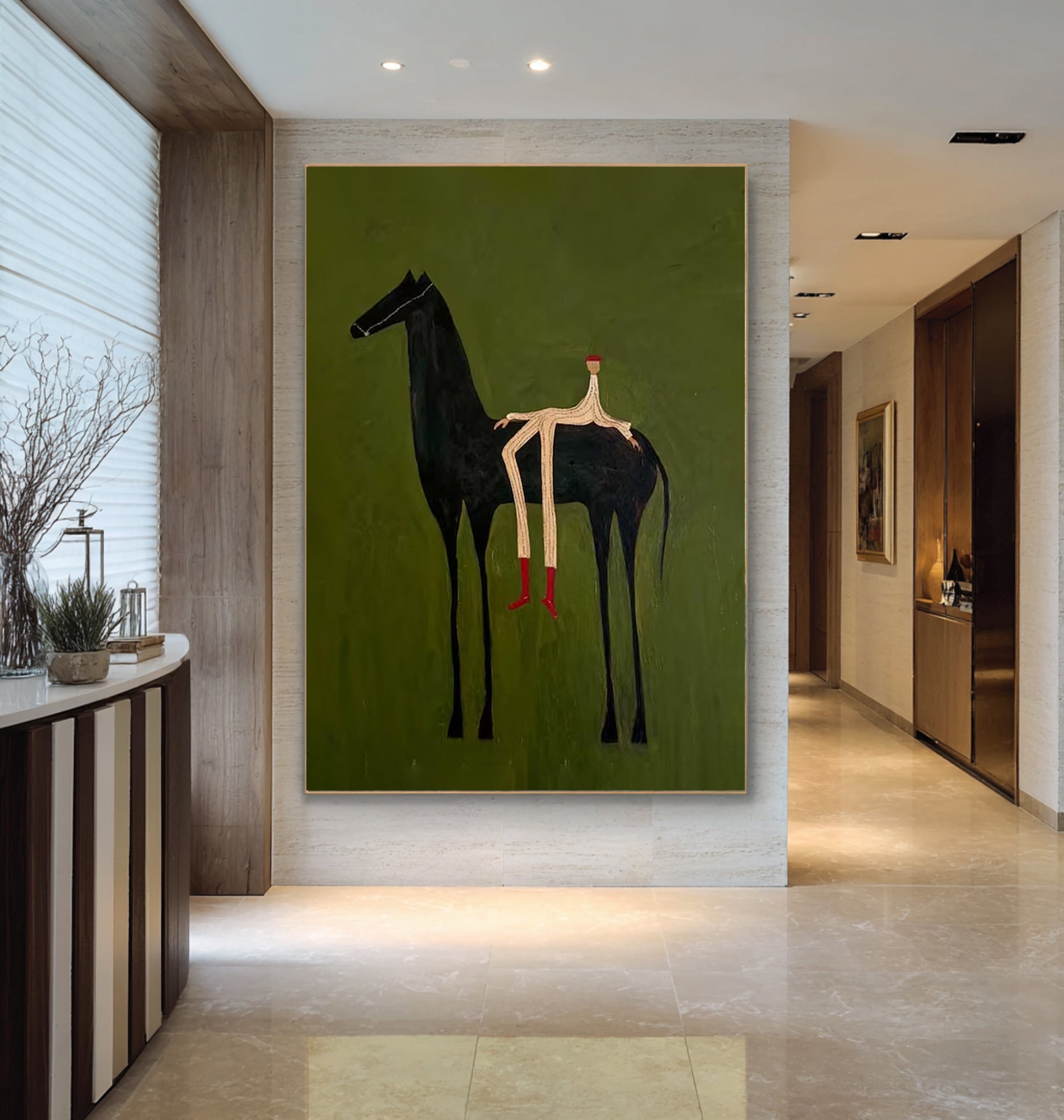 Large Green Horse Wall Art Contemporary Minimalist Canvas Painting