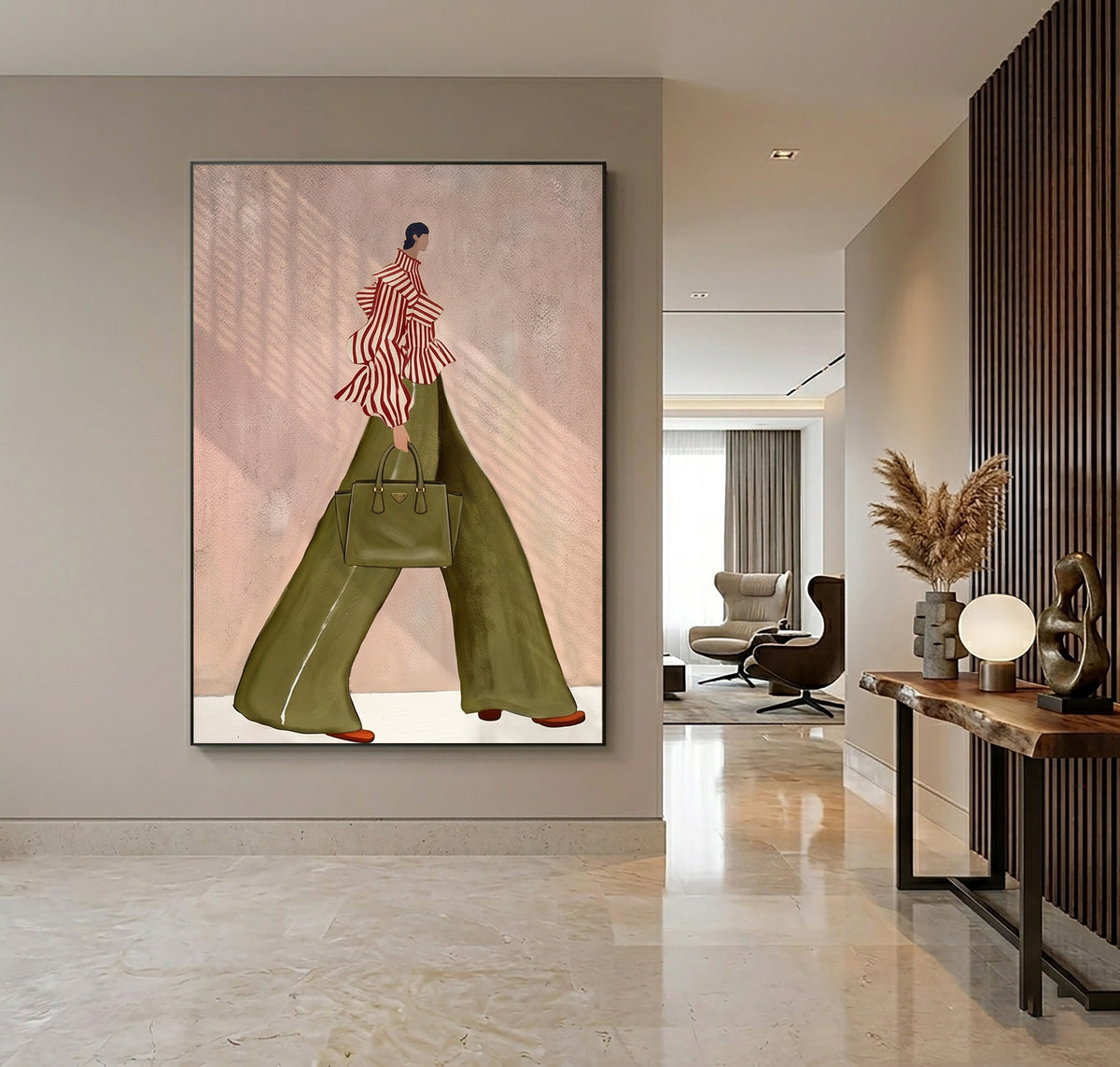 Fashion Woman Wall Art Green Pants Striped Top Hand Painted Art