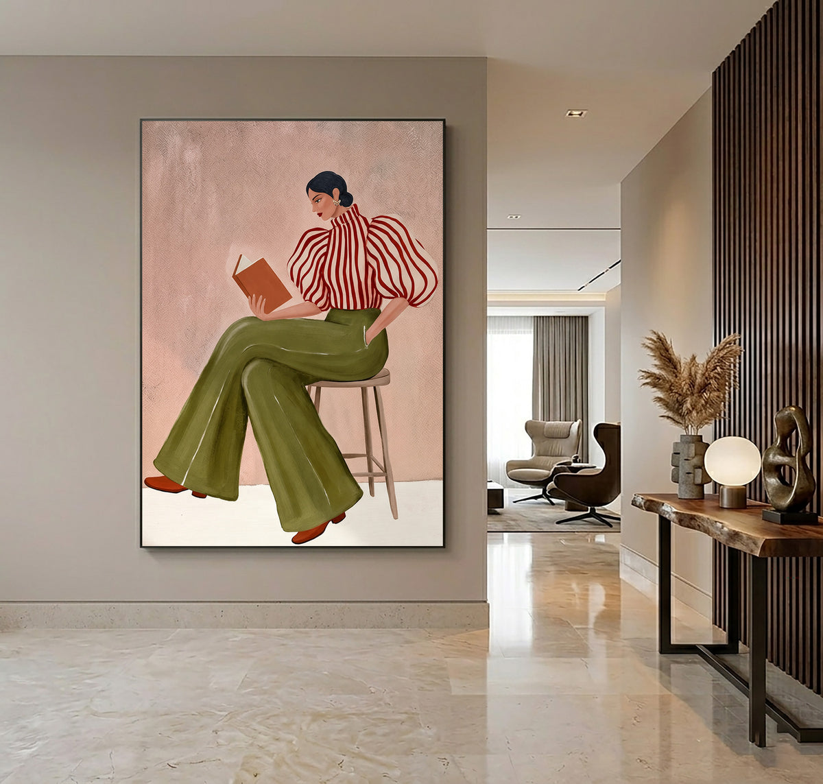 Modern Woman Reading Book Striped Blouse Figurative Painting Wall Art