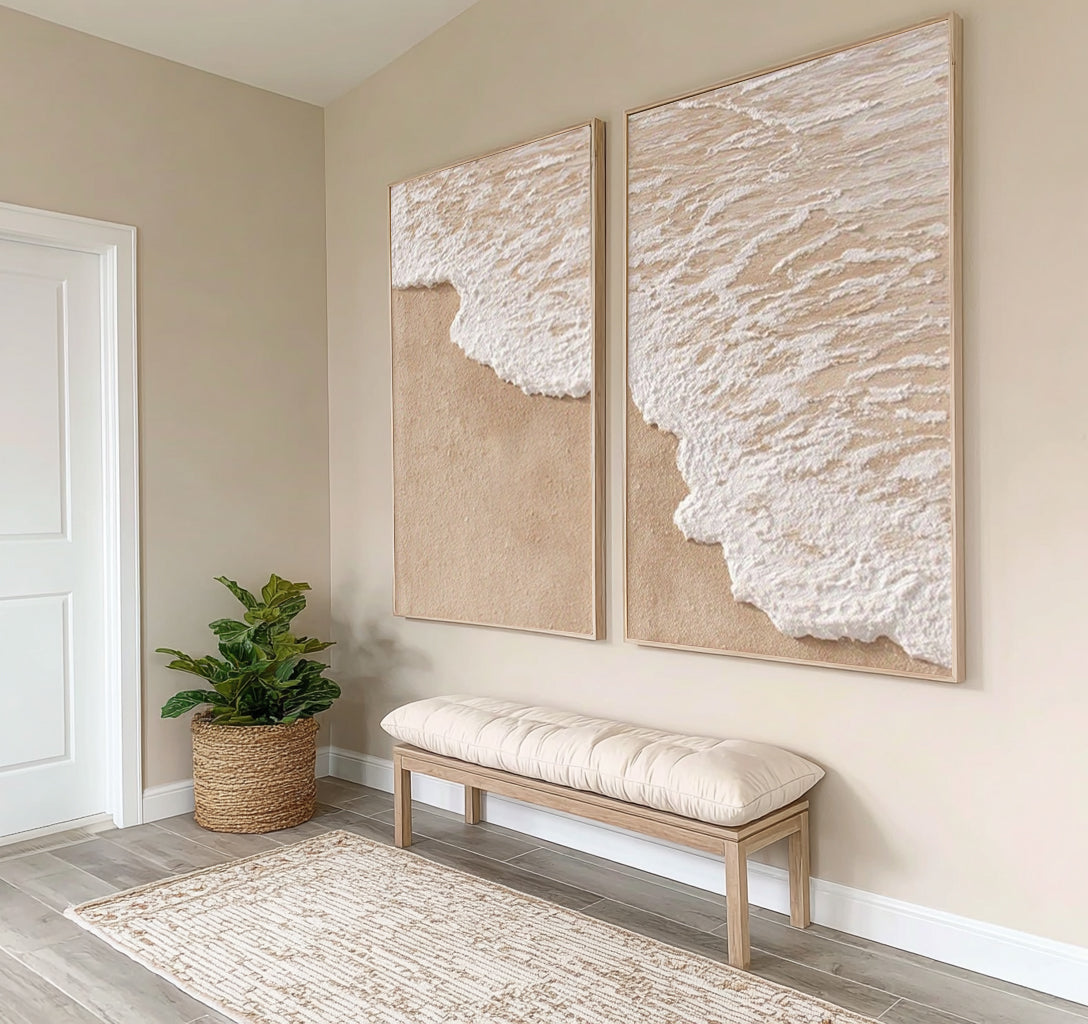 Echoes Of The Same Ocean Diptych Coastal Wall Art Textured Wave Painting Neutral Contemporary Decor
