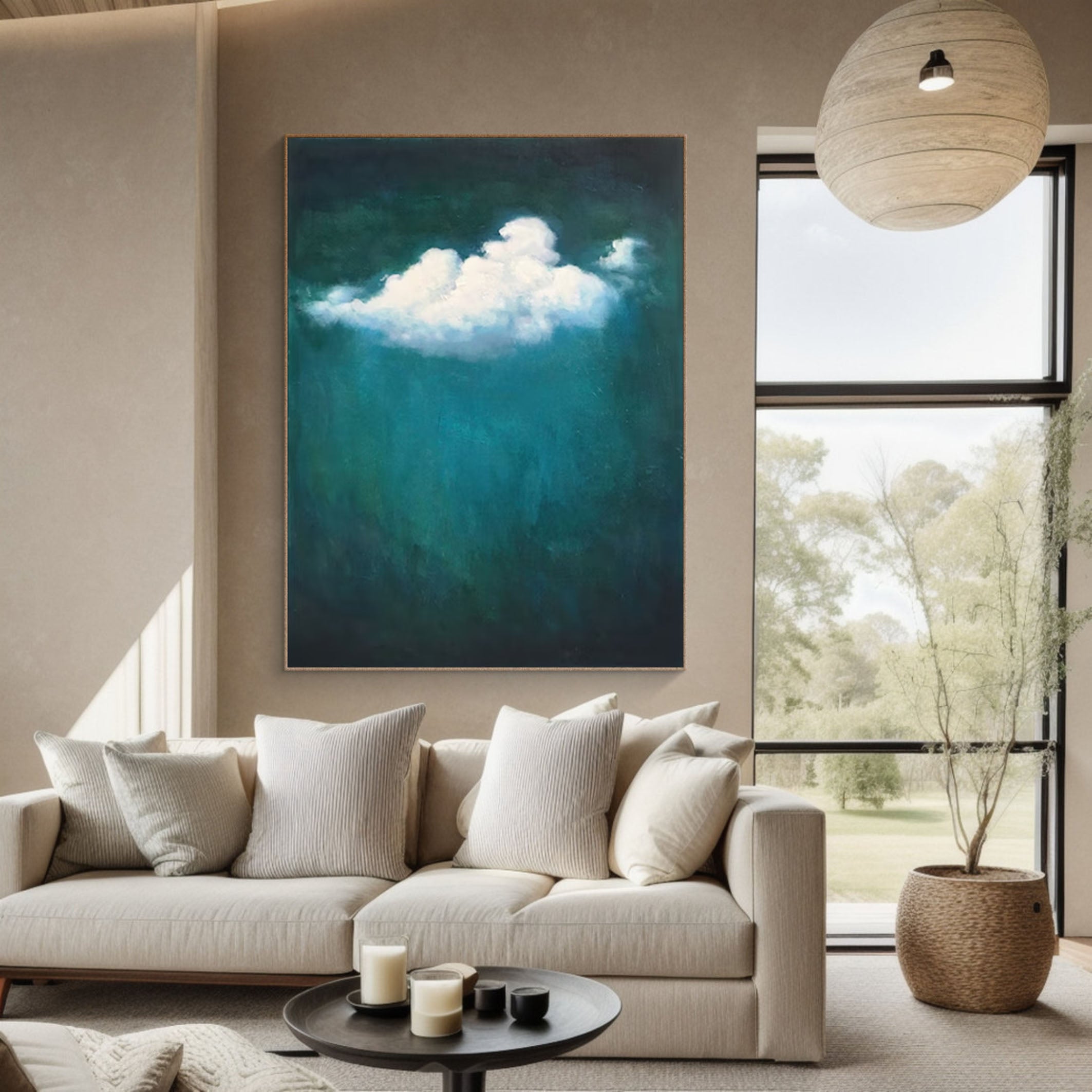 Modern Nature-Inspired Green and Cloud Canvas Art #SP005