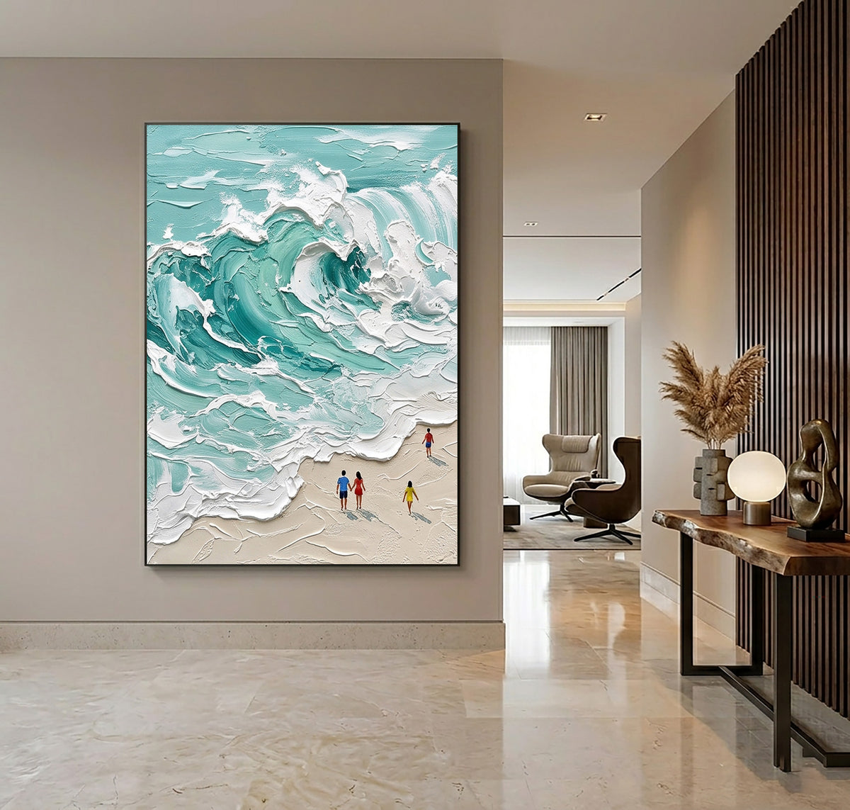 Large Coastal Beach Ocean Waves Wall Art Turquoise Sea Textured Oil Painting Seascape Artwork Luxury Beach House Decor