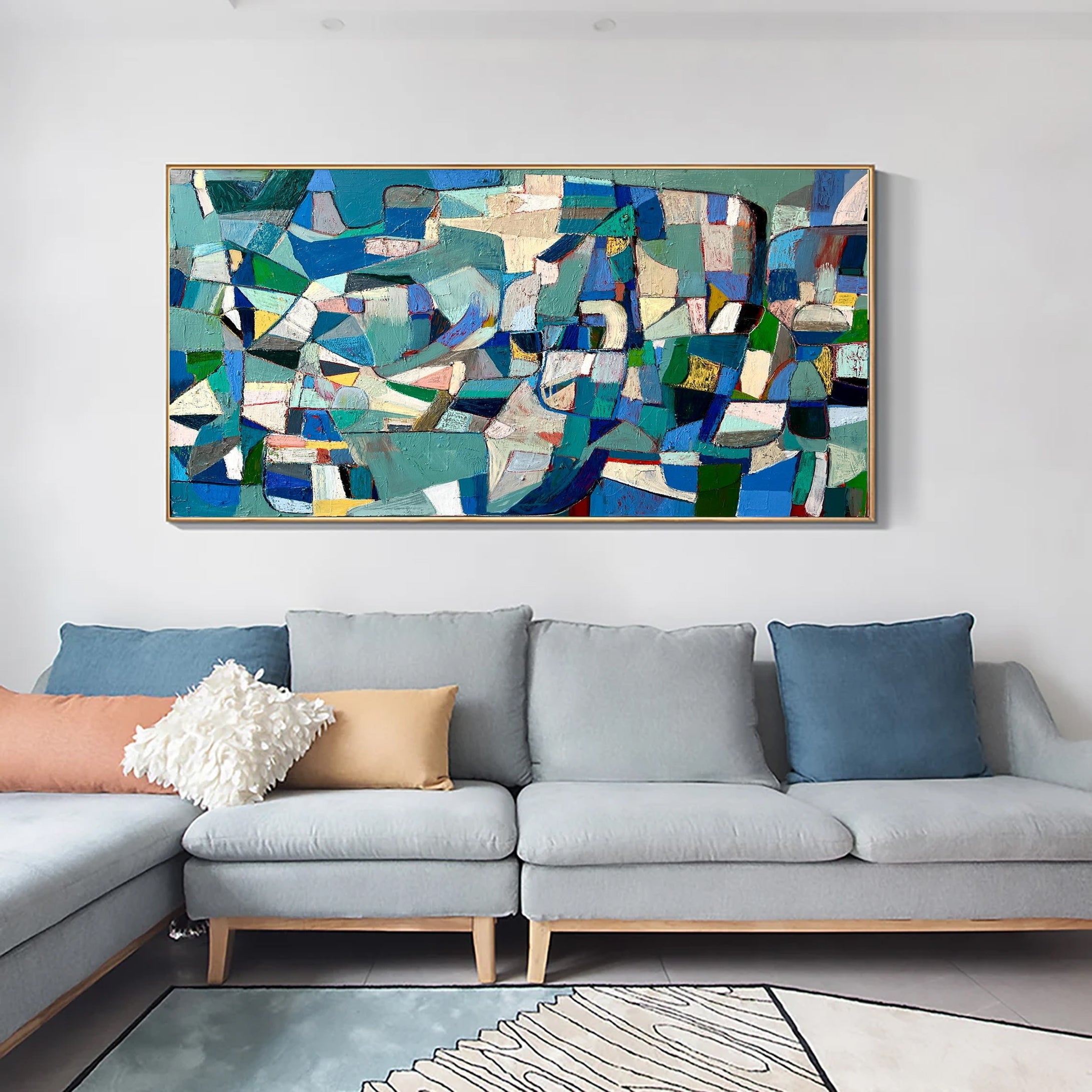 Vibrant Mid Century Wall Art Abstract Shapes in Cool Hues #MC002