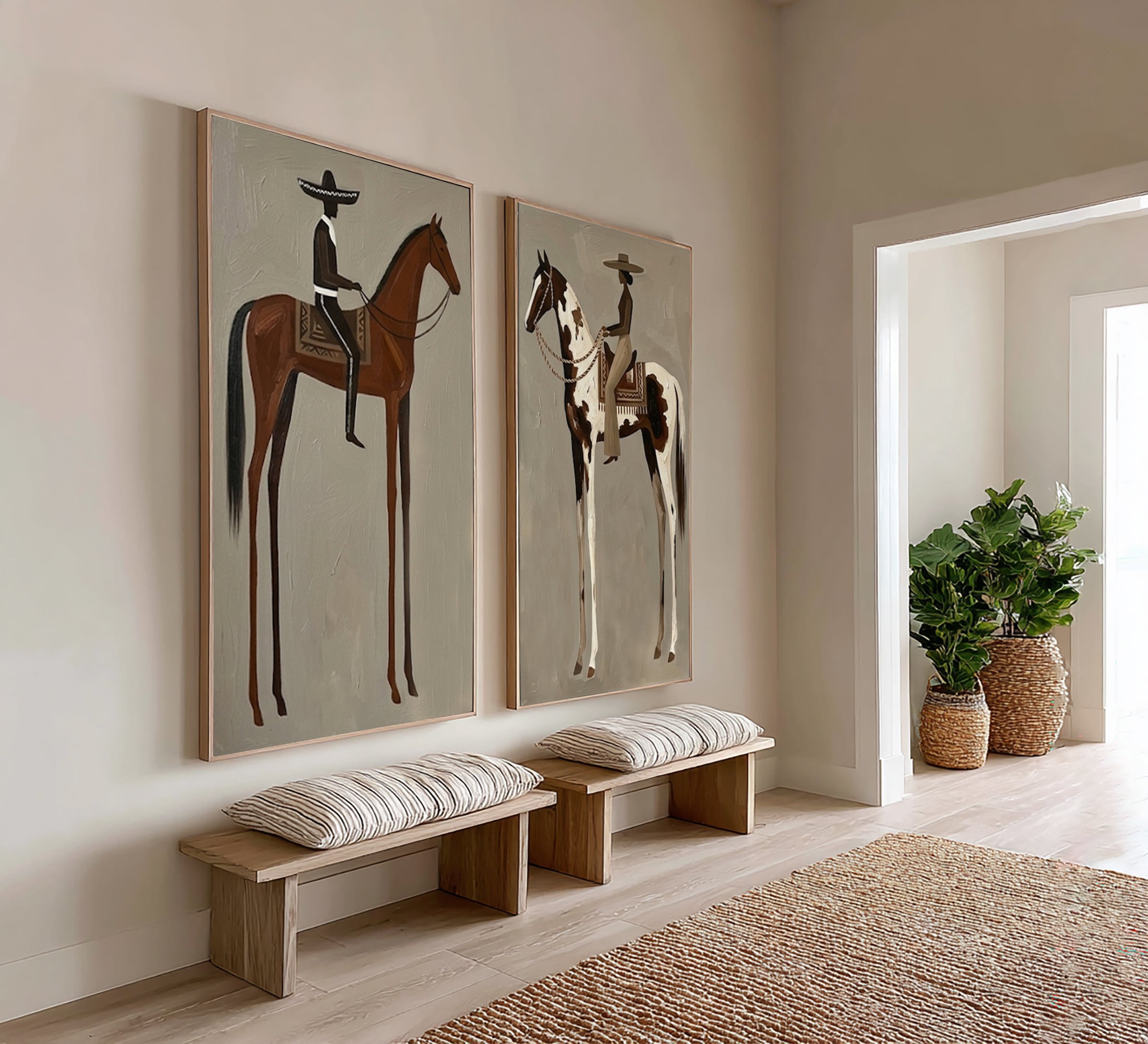 Large Minimalist Cowboy Horse Wall Art Contemporary Western Canvas Diptych