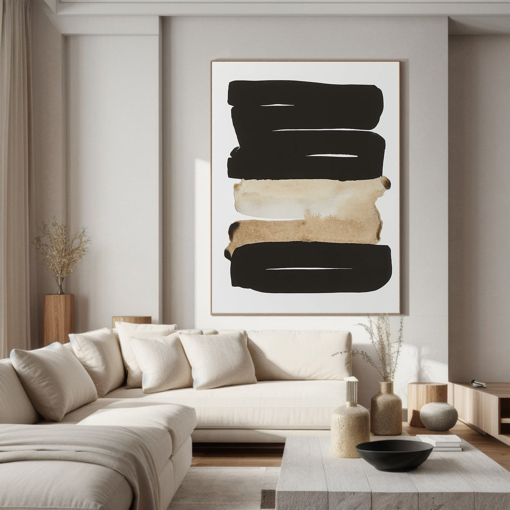 Graphic Abstract Painting, Black and Beige, Contemporary Design #MM354