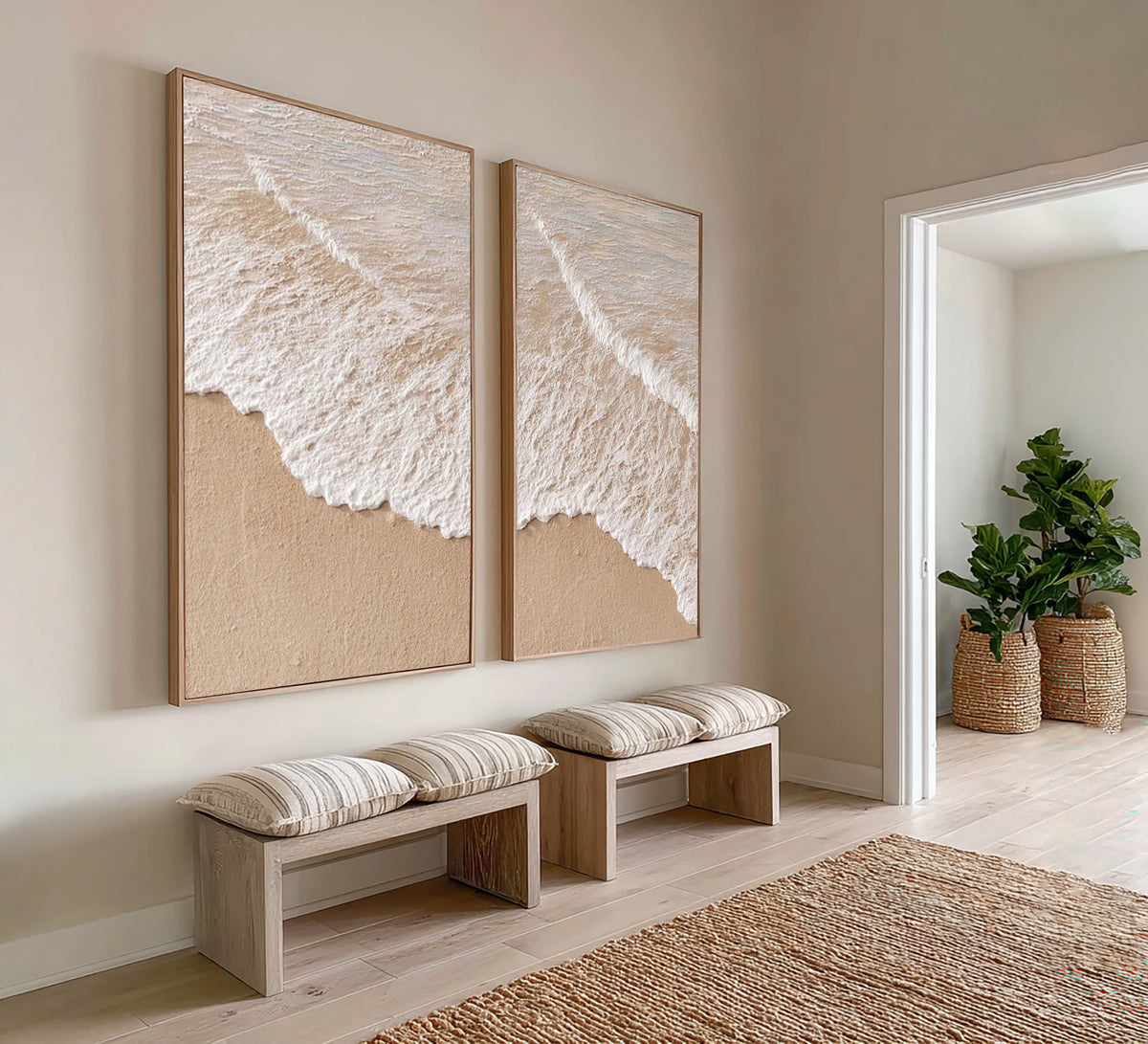 Large Textured Ocean Waves Diptych Wall Art Beige White Coastal Seascape 3D Oil Painting Minimalist Two Piece Canvas Modern Home Decor