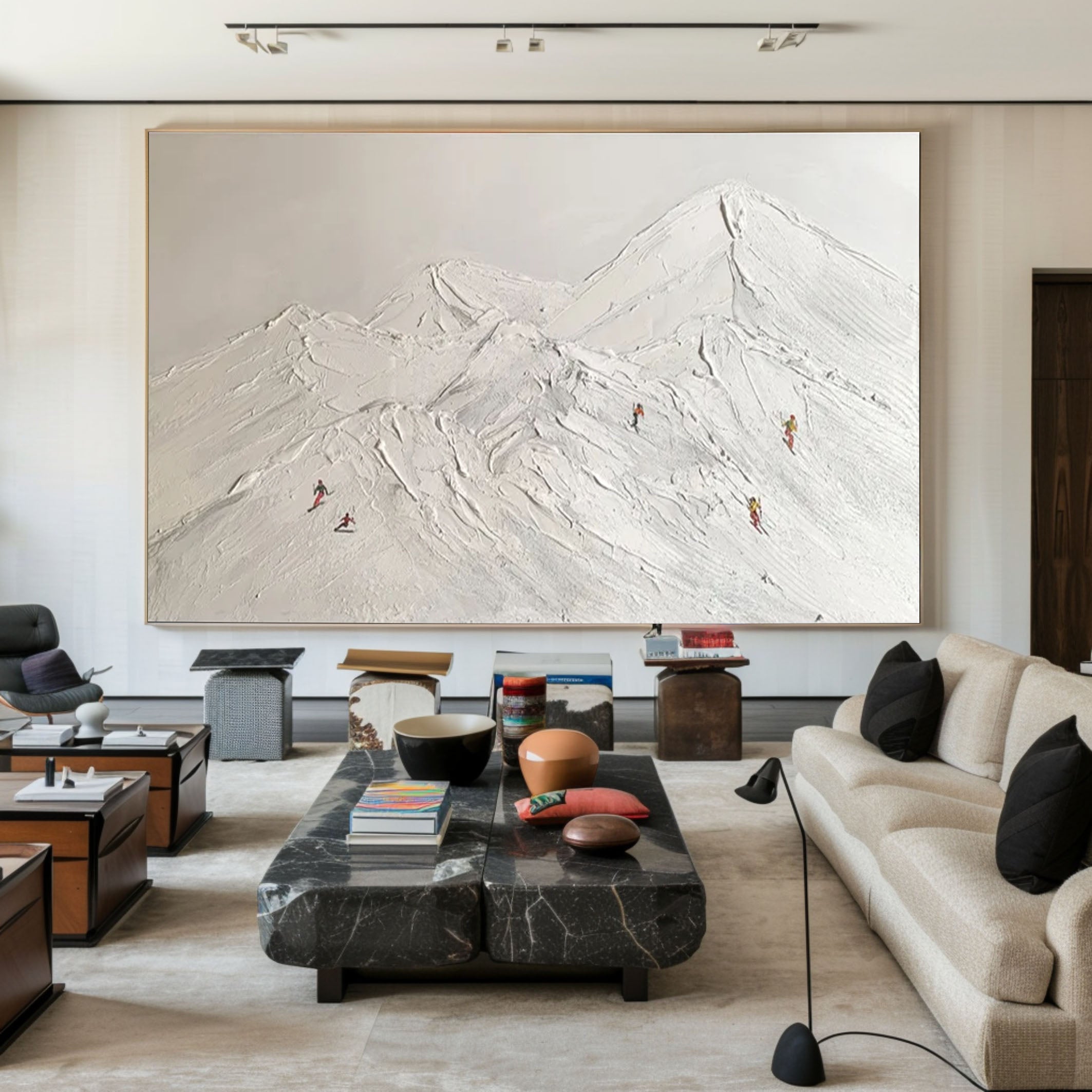 Elegant Skiing Landscape Painting with White Mountain for Home Decor