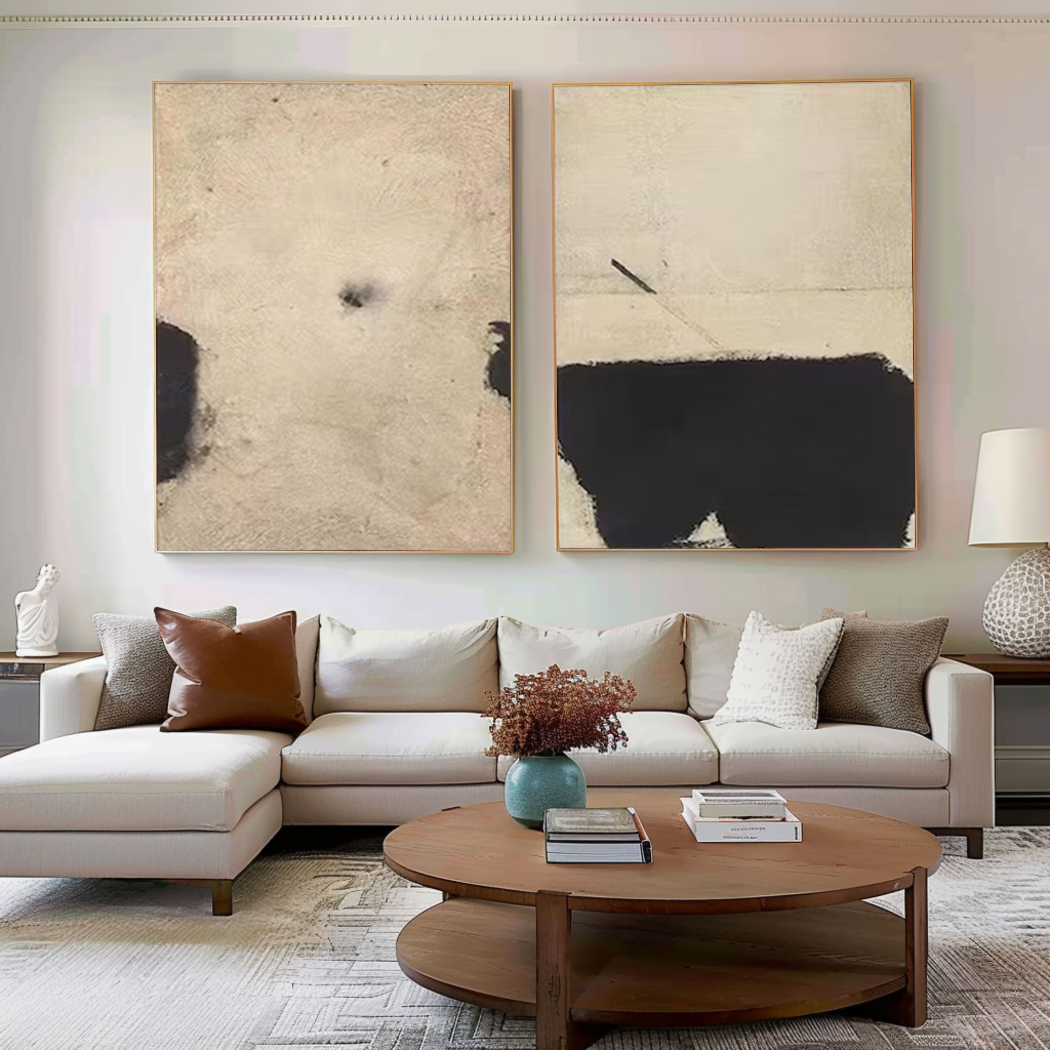 Minimalist Black and Beige Diptych Canvas Wall Art #MMS065