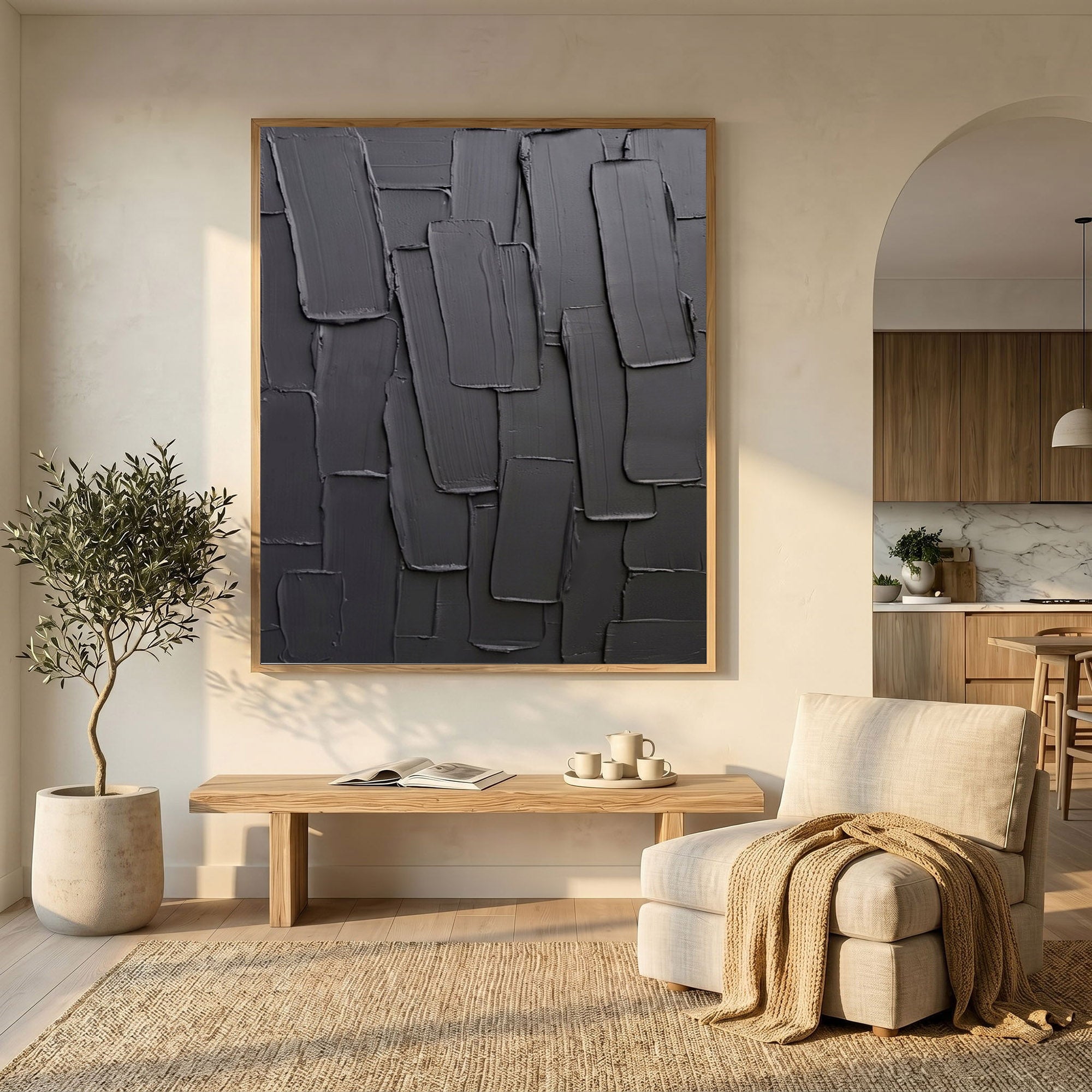 Black Gray Abstract Wall Art Textured Relief Painting Handmade Impasto Modern Minimalist Home Decor