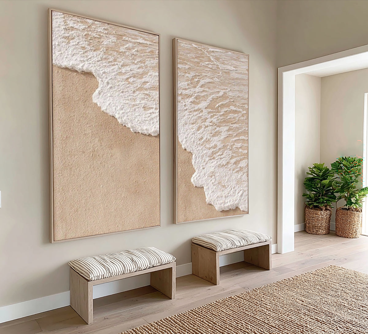 Echoes Of The Same Ocean Diptych Coastal Wall Art Textured Wave Painting Neutral Contemporary Decor