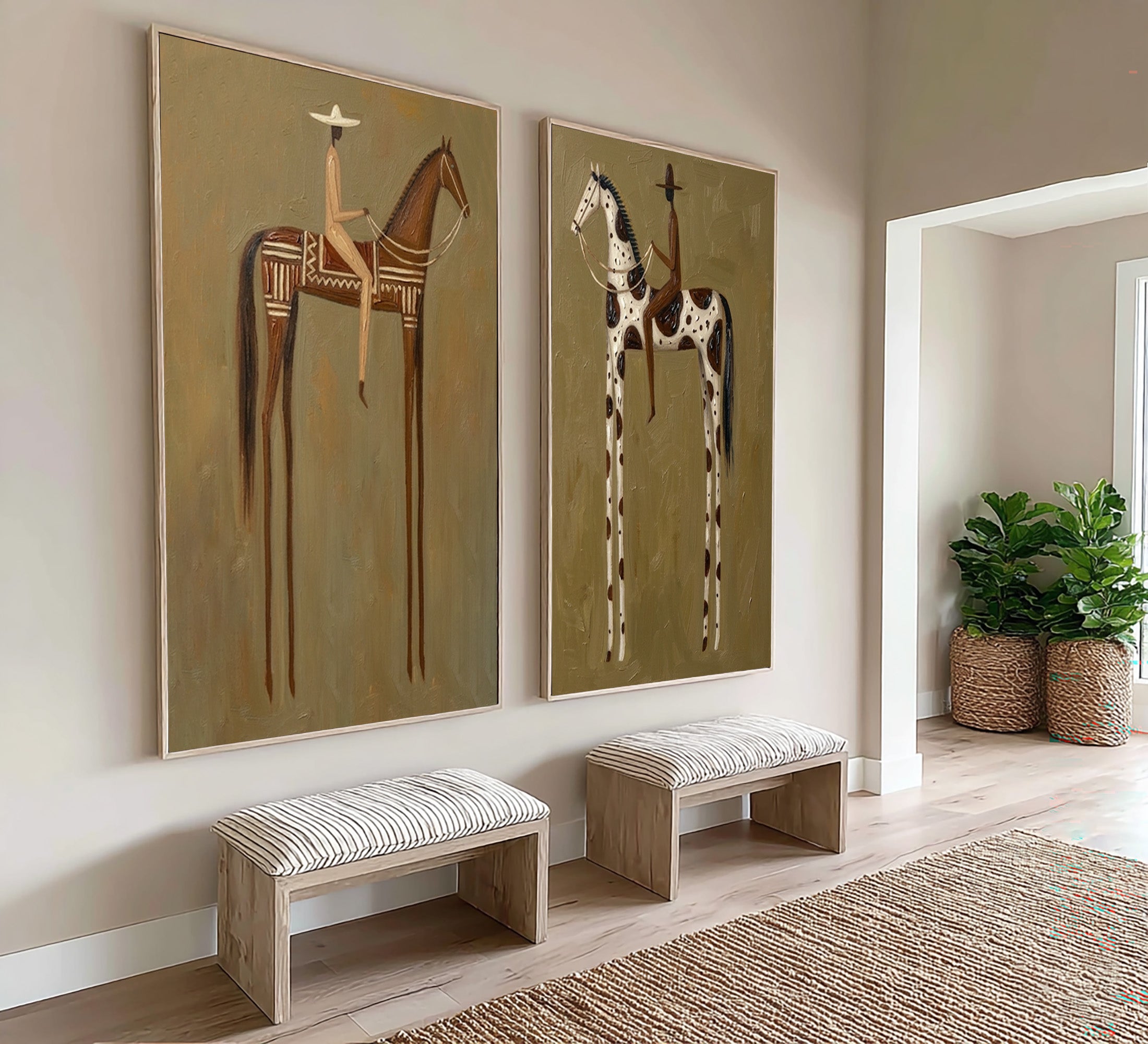 Large Cowboy Horse Wall Art Modern Western Heritage Diptych Canvas