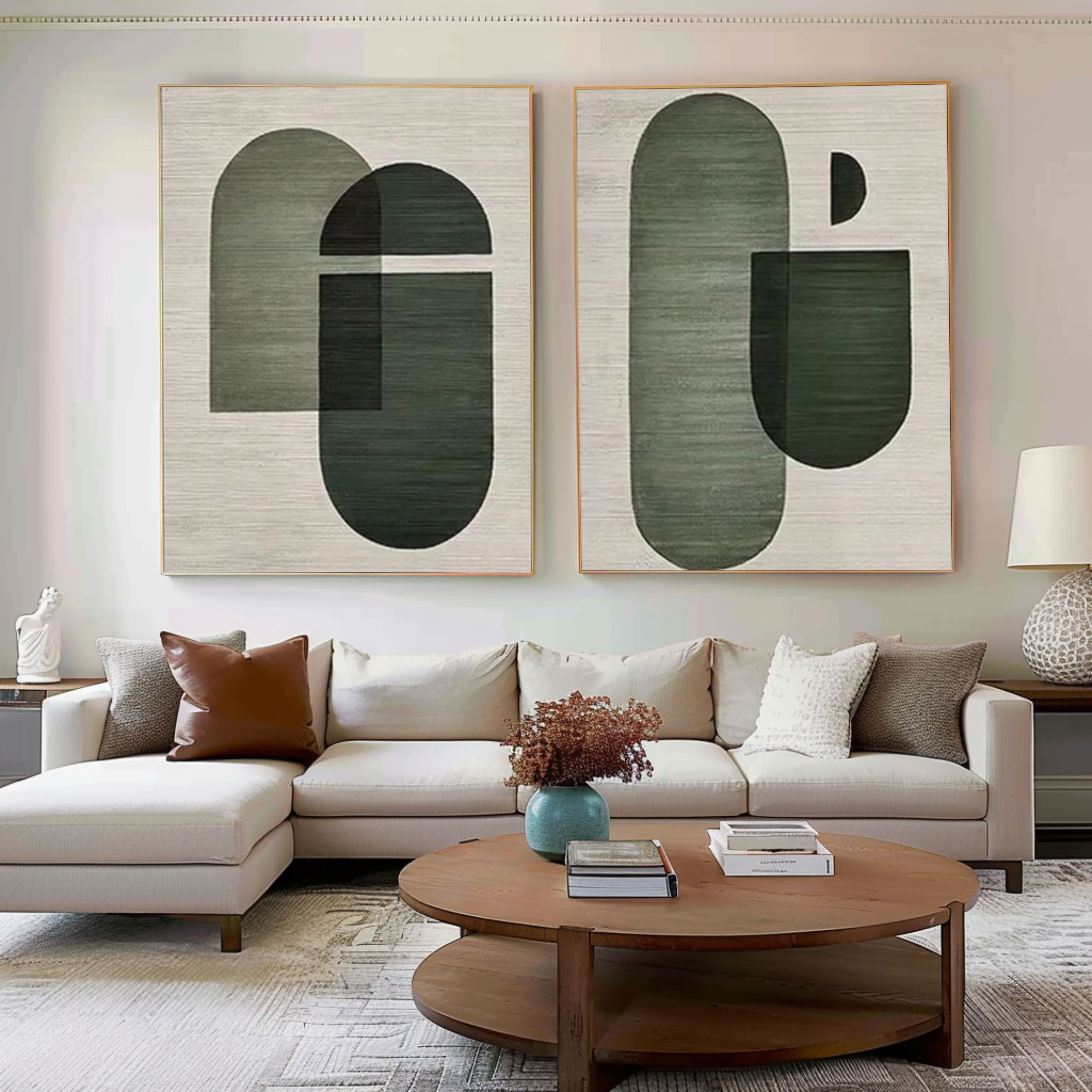 Geometric Minimalist Canvas Set Neutral and Green Art #MMS066