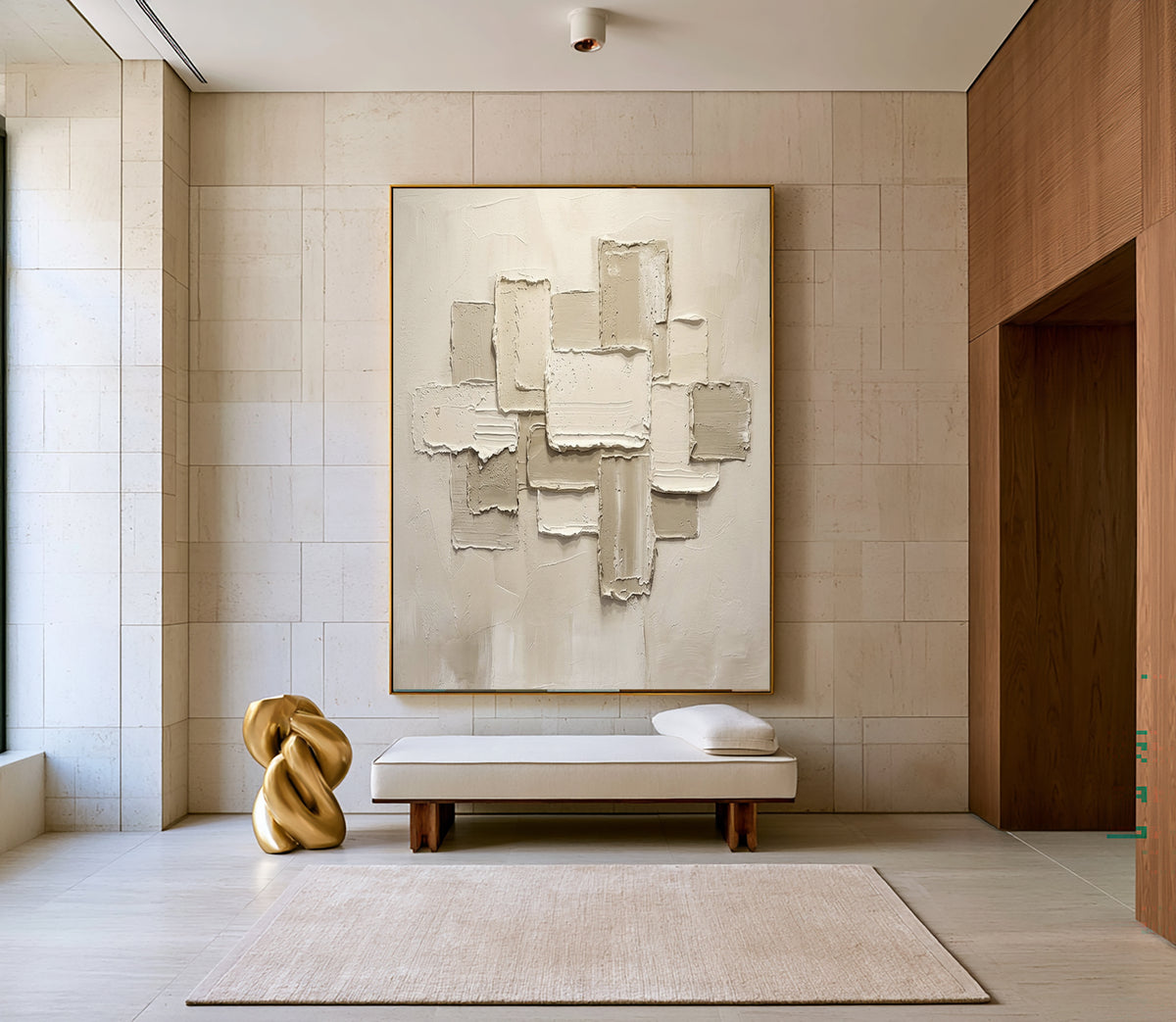 Large Modern Geometric Textured Abstract Wall Art White Beige 3D Relief Oil Painting Contemporary Sculptural Artwork Living Room Decor