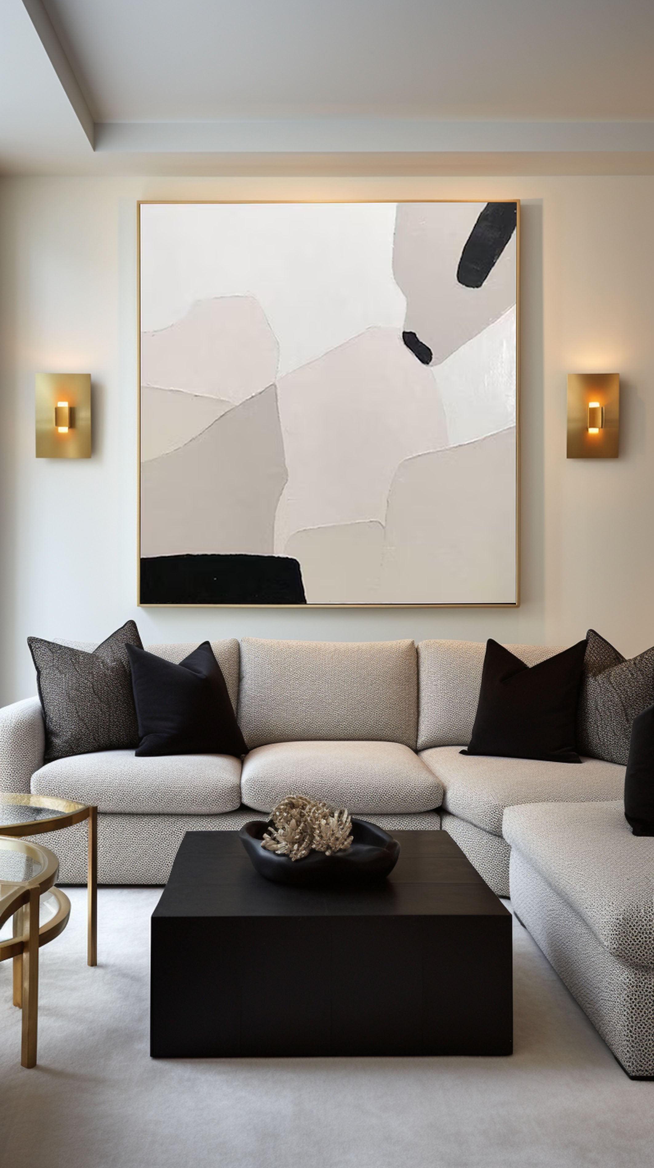 Minimalist Abstract Canvas with Neutral Beige and Black Tones #AB069